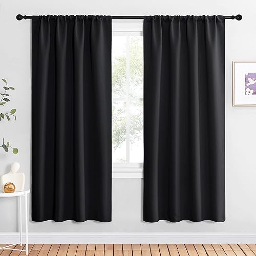 NICETOWN Halloween Living Room Blackout Shades - All Season Rod Pocket Thermal Insulated Solid Blackout Curtains/Drapes for Living Room (Set of 2, 42 inches by 72 Inch, Black)