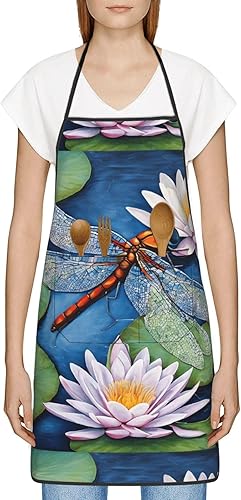 Miniatura 9 de Unisex Apron With Pocket, Dragonfly Painting Chef Apron For Cooking, Bbq & Crafts, Spillproof Kitchen Protection Bib With Large Utility Pocket For