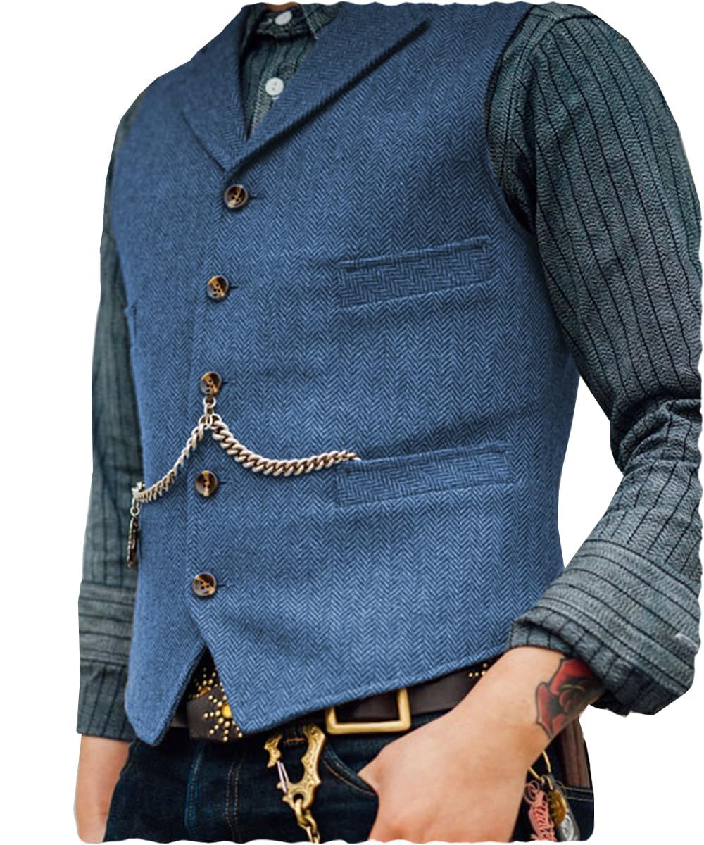 Aeoteokey Men's Blue Classic Wool Tweed Suit Vest Casual Sleeveless Jacket Herringbone Waistcoat For Tuxedos(3Xl,)