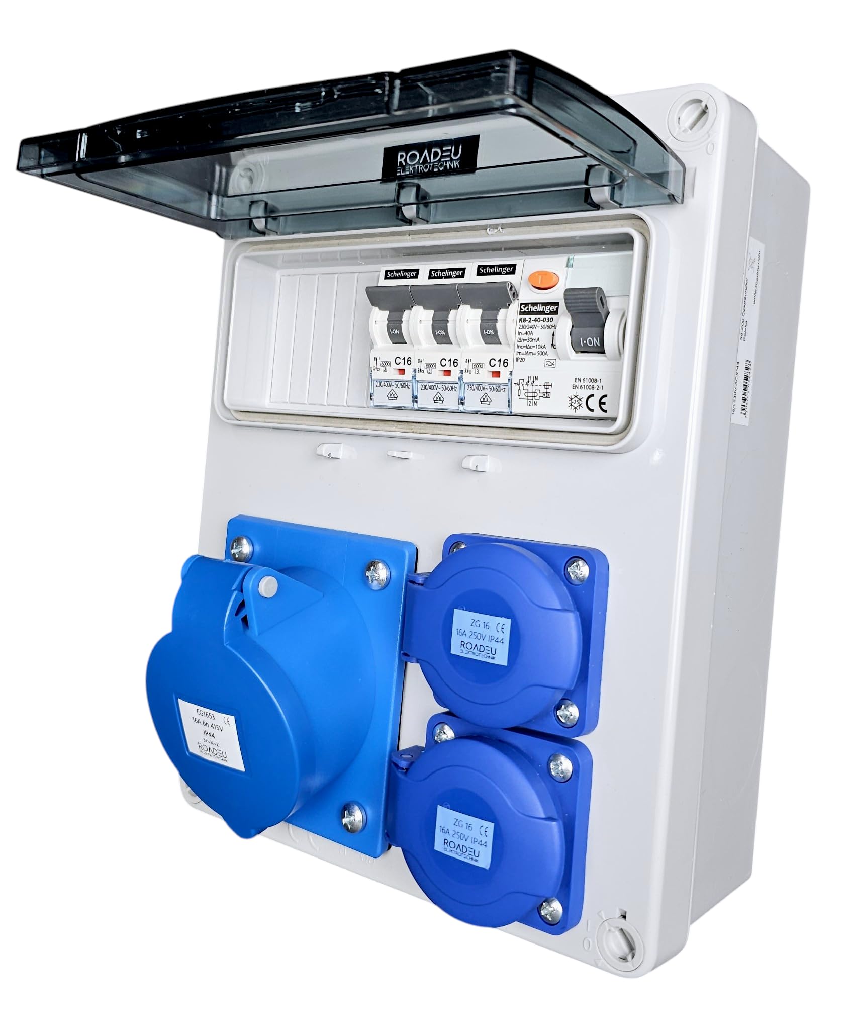 RoadEu Stromverteiler 230V IP44 mit FI, CEE 16A 3P und 2x Schuko