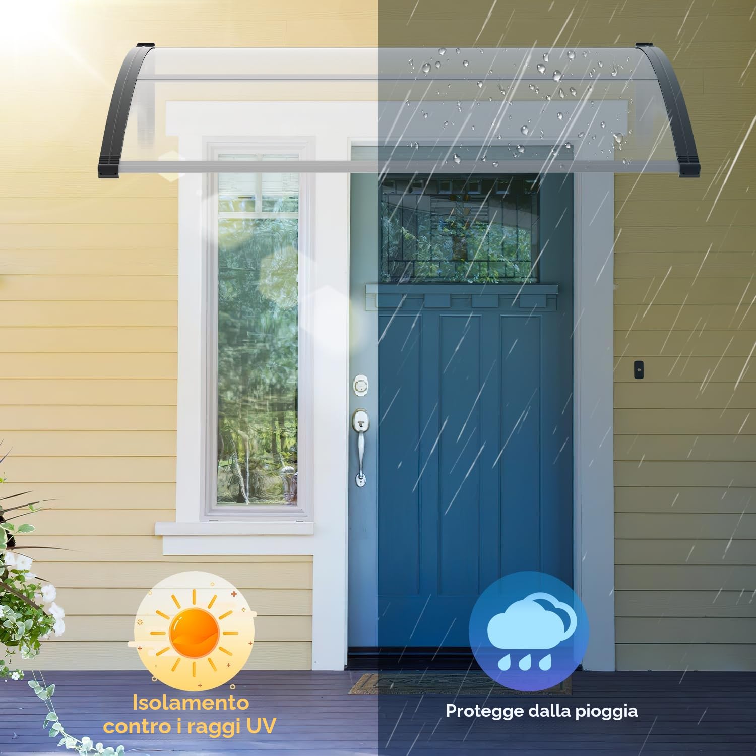 Sonnewelt Pensilina per Porta d'Ingresso 100x150 cm, Tetto in Policarbonato Alveolare 5 mm Trasparente con Struttura ABS, Tettoia ad Arco, Protezione Esterna dalla Pioggia e dal Sole