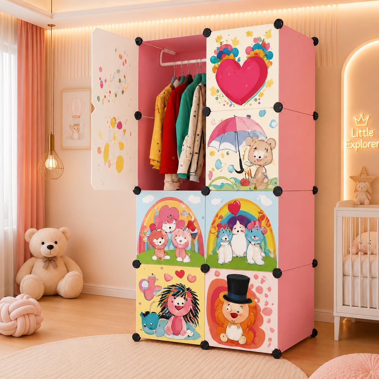 SNKR ESSENTIALS Plastic Wardrobe for Clothes | Plastic Almirah for Kids | 8-Cube Baby Cupboard for Clothes Storage | Portable Collapsible Wardrobe | DIY Kids Almirah for Bedroom – Cute Animal Print