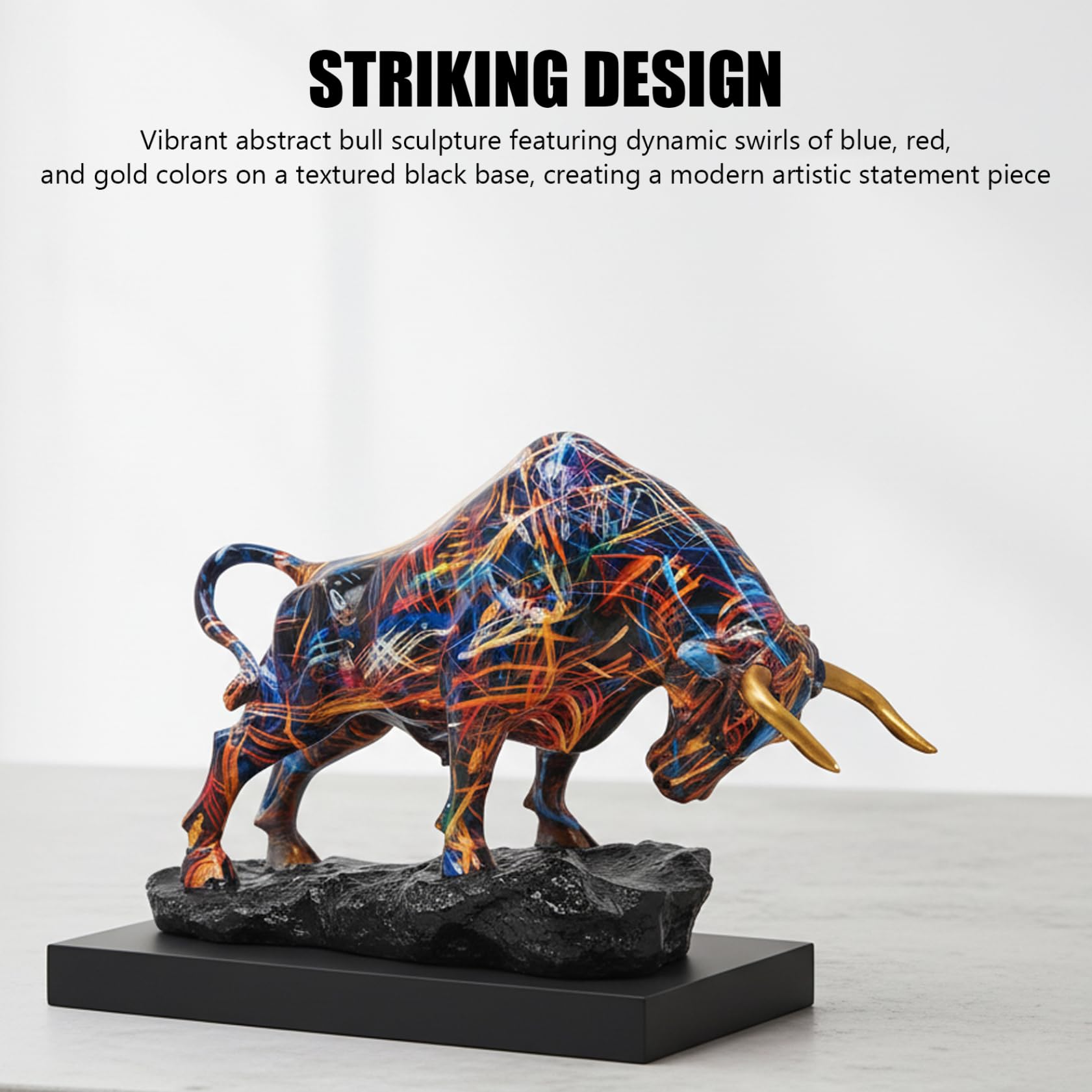 Latemeia Statue de Taureau, Figurine de Taureau Bleu Rouge doré Vibrant pour la décoration Bureau à Domicile, Sculpture Animale Moderne en résine pour étagère Salon, utilisée à la Maison - 4