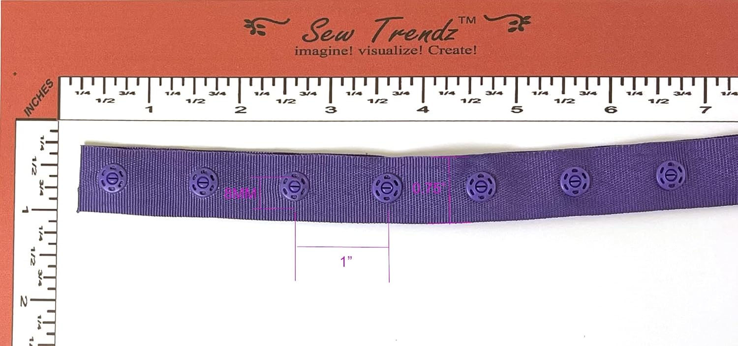 2 Yards Plastic Snap Button Polyester Tape Ribbon Hook & Eye Zipper Popper Press Stud Fastener Baby Crotch Fastening Duvet Sewing Renaissance Dance Costume Drapery Lingerie-Purple- SP19-2