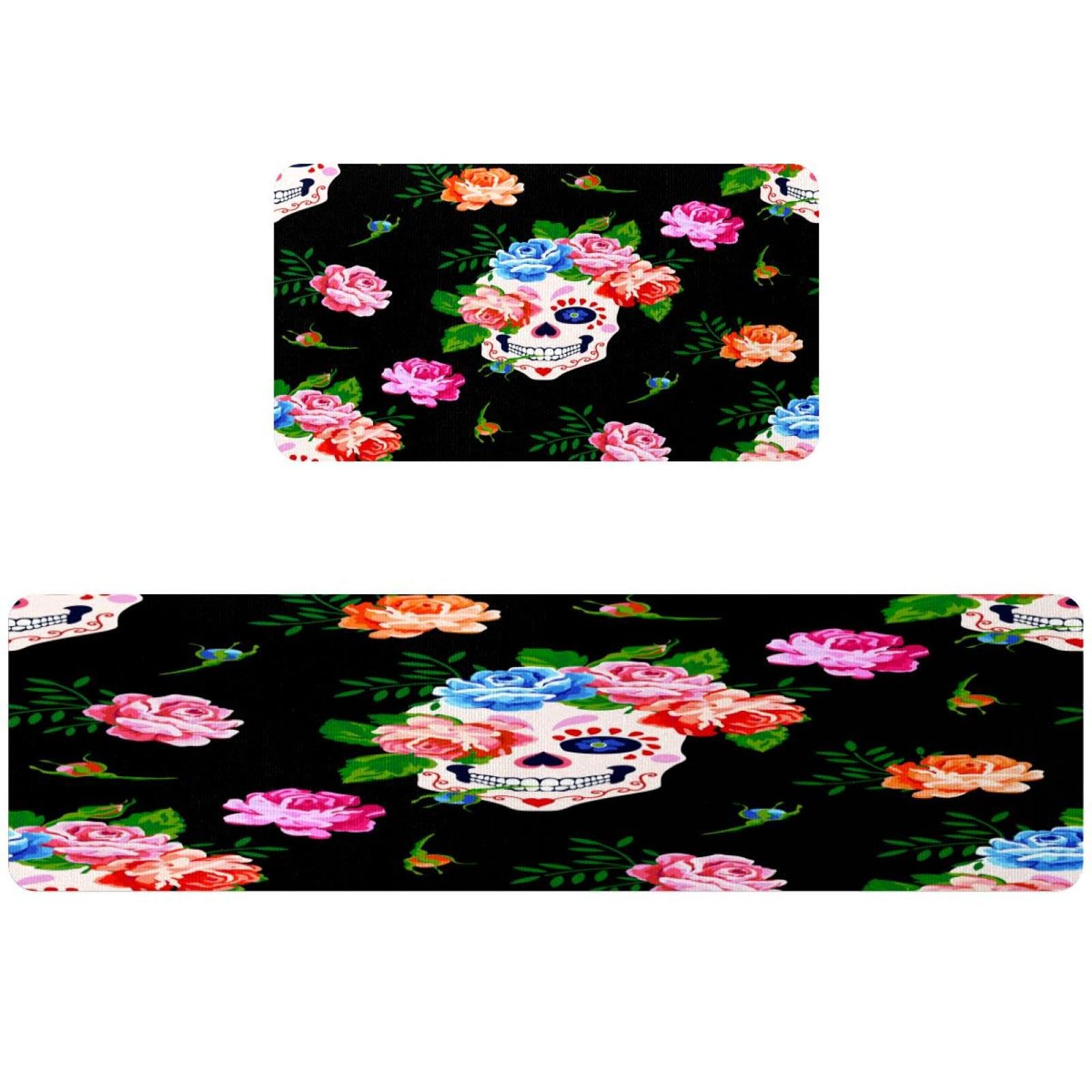 Alfombrillas de cocina VAPOKF con calaveras de flores lavables y antideslizantes pack de 2