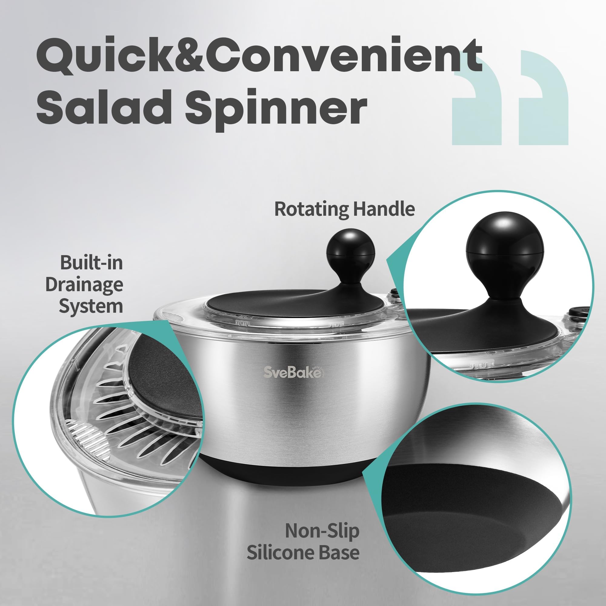 SveBake 5L Salad Spinner in Acciaio Inox con Pulsante di Arresto, Centrifuga per Verdure Senza BPA, Coperchio Trasparente e Foro di Scolo, Fondo Antiscivolo, Salad Spinner Lavabile in Lavastoviglie