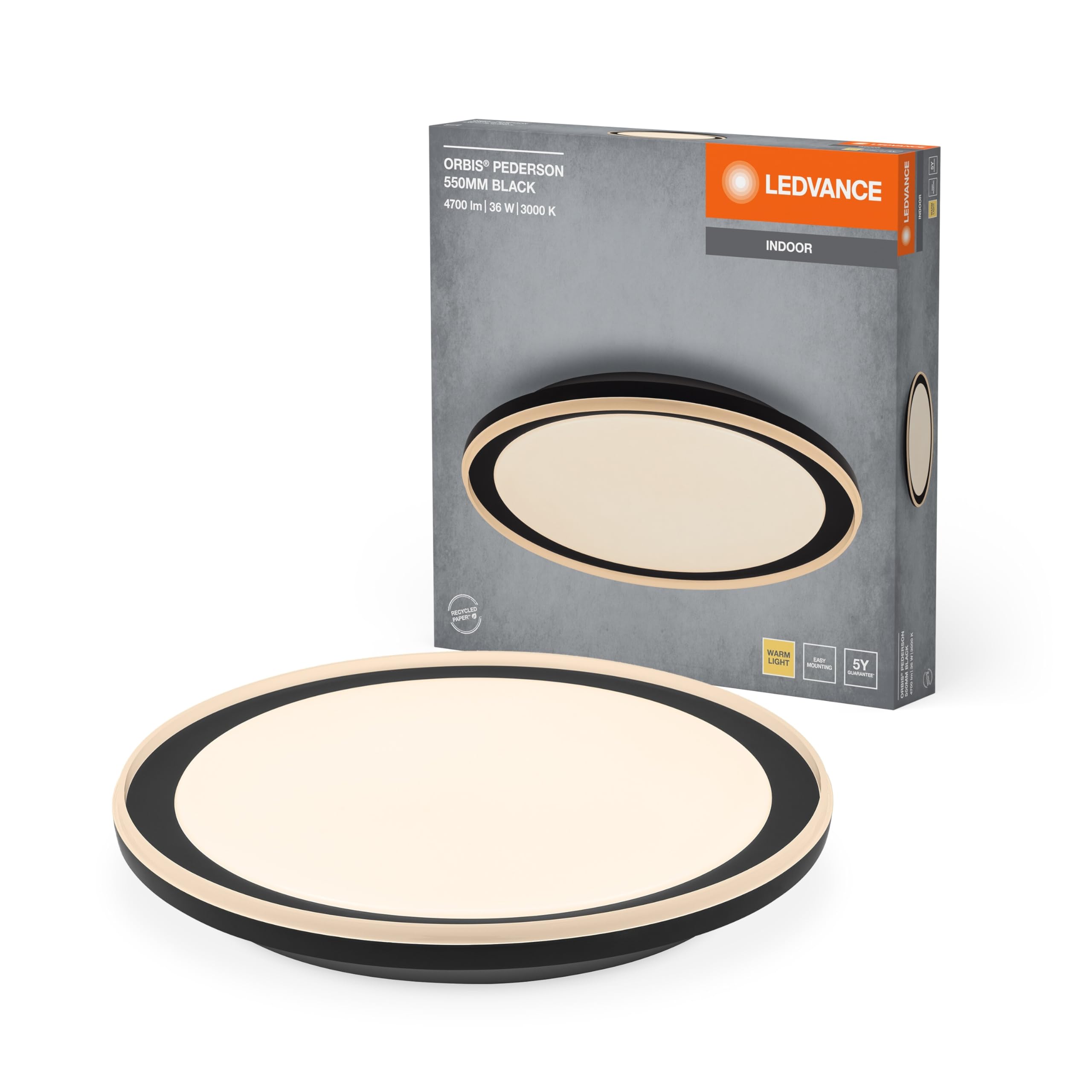 LEDVANCE ORBIS Pederson LED-Deckenleuchte mit Plastikring, Schwarz, 36W, 2500lm, 3000K, 830 Freundliches Warmweiß, 550 mm Durchmesser, IP20 Schutz, Montageschrauben und Dübel inklusive
