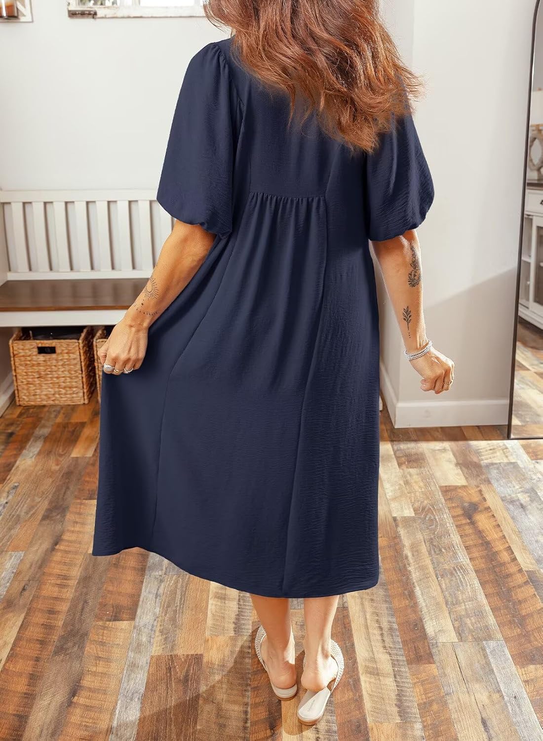 Dokotoo Summer Dresses for Women 2026 Casual Dresses V Neck Puff Sleeve Empire Waist A-Line Maxi Dress - Image 3