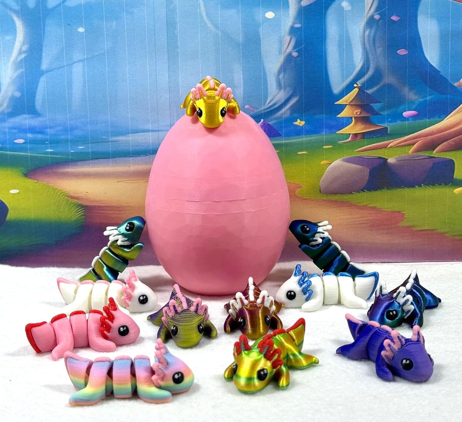 12pcs 3D Printed Mini Axolotl with Egg, Articulated Multi Color Fidget Axolotl, Tiny Mini Animal Gift Idea, Birthday Party Decorations, Cake Toppers MA-SET123-PHE