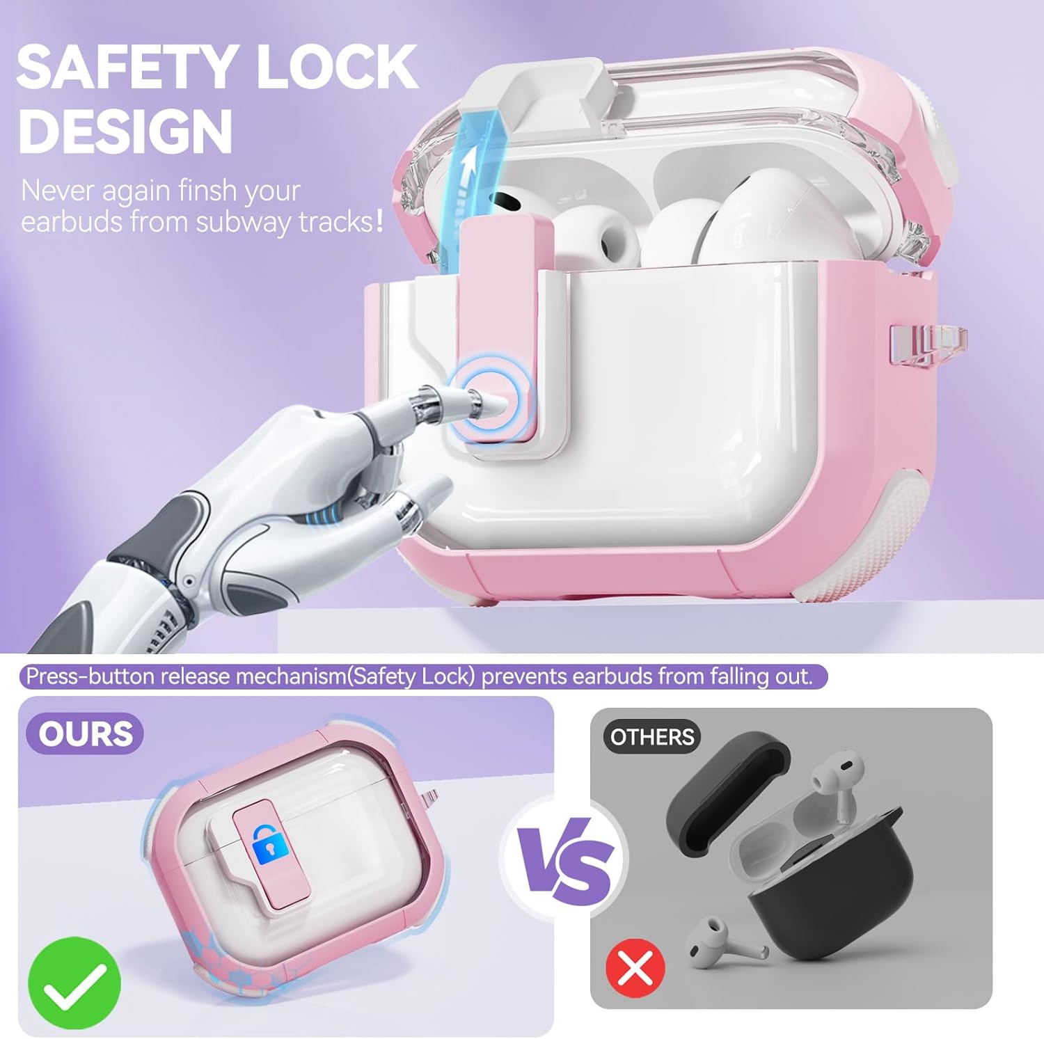 for AirPods Pro 3 Case with Safety Lock, Clear Case with Cleaner& Keychain Compatible with Apple AirPods Pro 3rd Generation 2025 for Women Girly, Anti-Scratch, Full Protective,Pink - Image 4