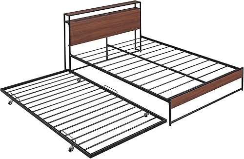 Miniatura 8 de Cama de plataforma de tamaño matrimonial con nido de tamaño individual, puertos USB y soporte de listones de acero, marco de cama matrimonial de