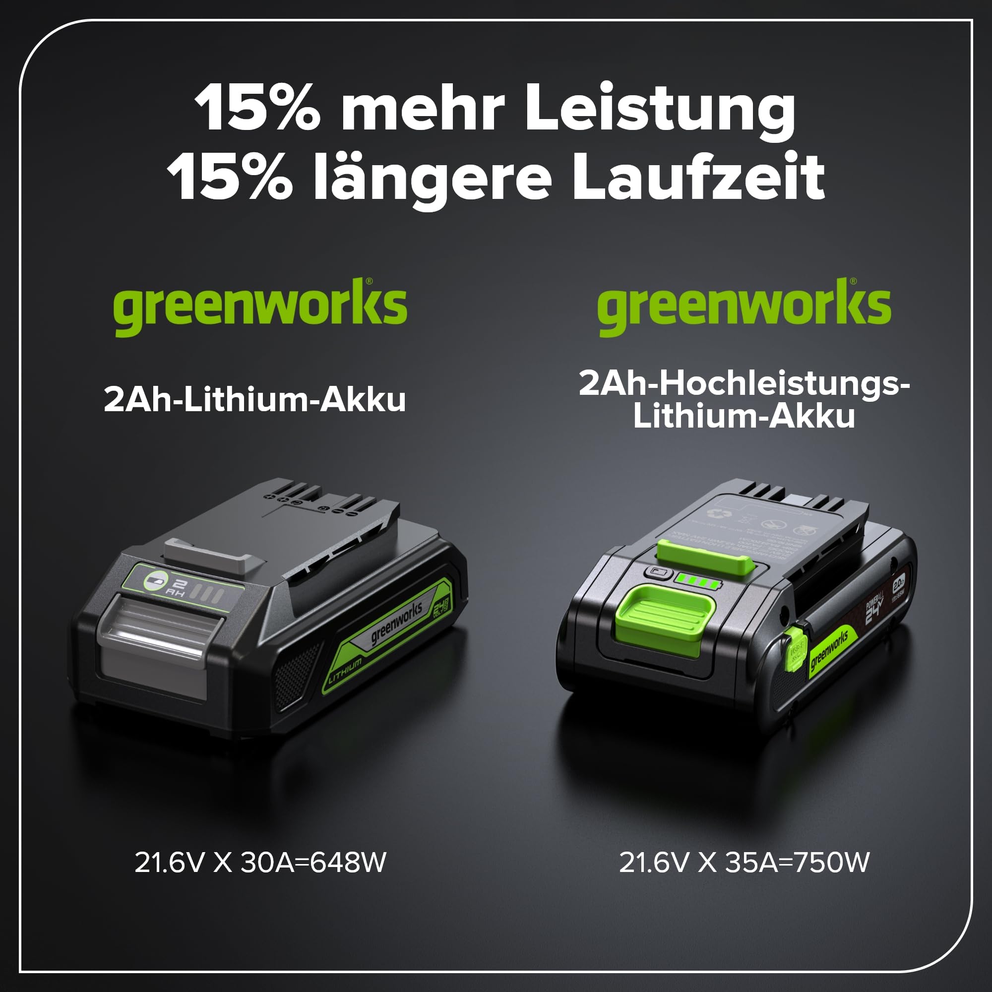 Greenworks TwinPack 24V 2Ah Akku High Power USB-C (Li-Ion 24V 2,0 Ah wiederaufladbarer leistungsstarker Akku passend für alle 200+ Greenworks 24V Geräte), 2 Jahre Garantie - K2D4NNA