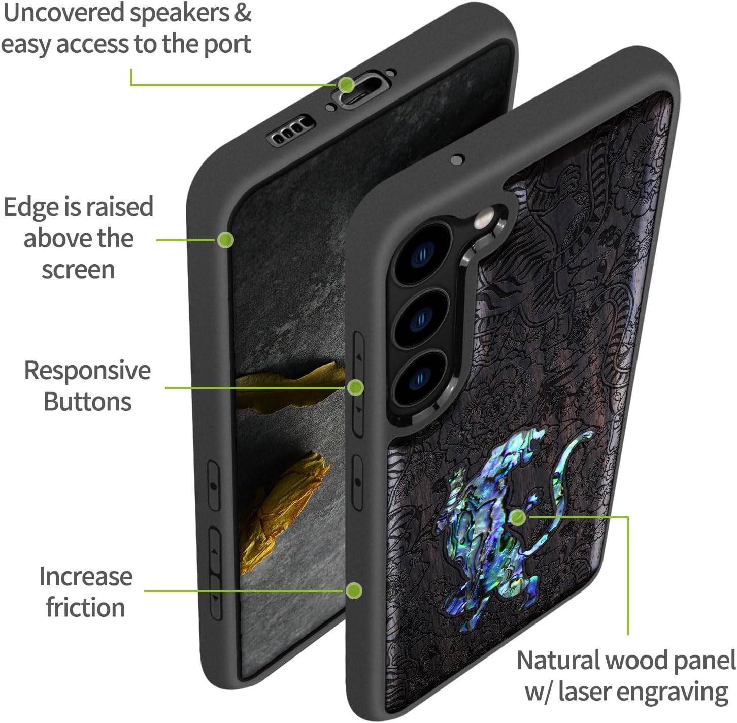 Carveit Designer Wooden Case for Samsung Galaxy S23 Cover [Wood Engraving & Shell Inlay] Compatible with Wireless Chargers S23 Case (A Tiger Amidst Flowers-Blackwood)
