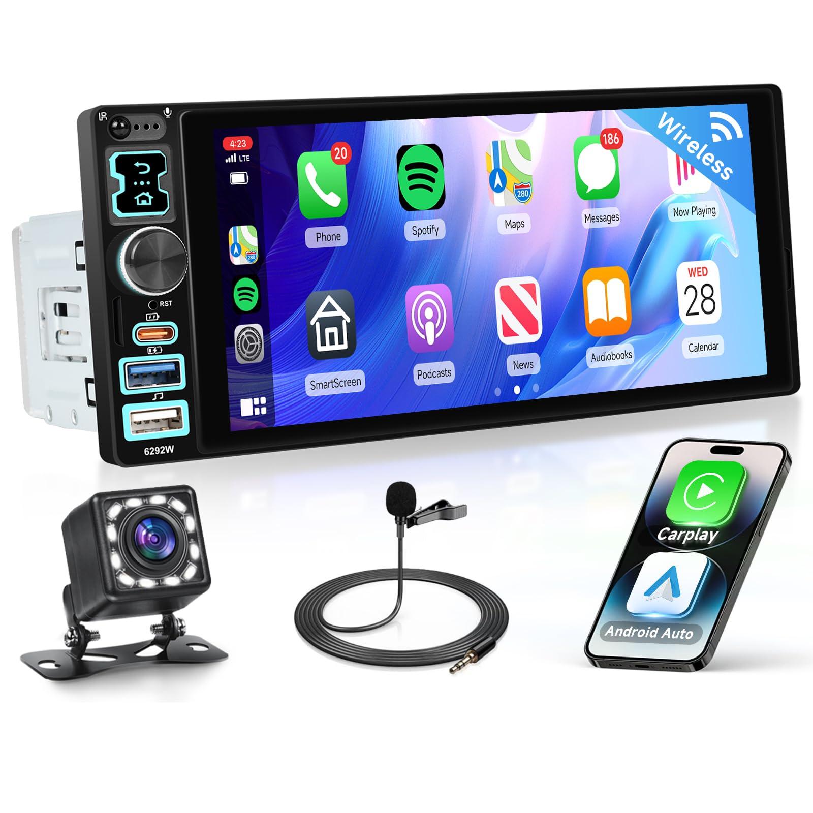 VECHTEL 6,8" Autoradio 1 Din con Carplay Android Auto Wireless,Bluetooth Radio FM con touchscreen IPS,inchiostro a specchio,EQ,WiFi Navi GPS,USB/Type-C,autoradio con schermo/comandi al volante