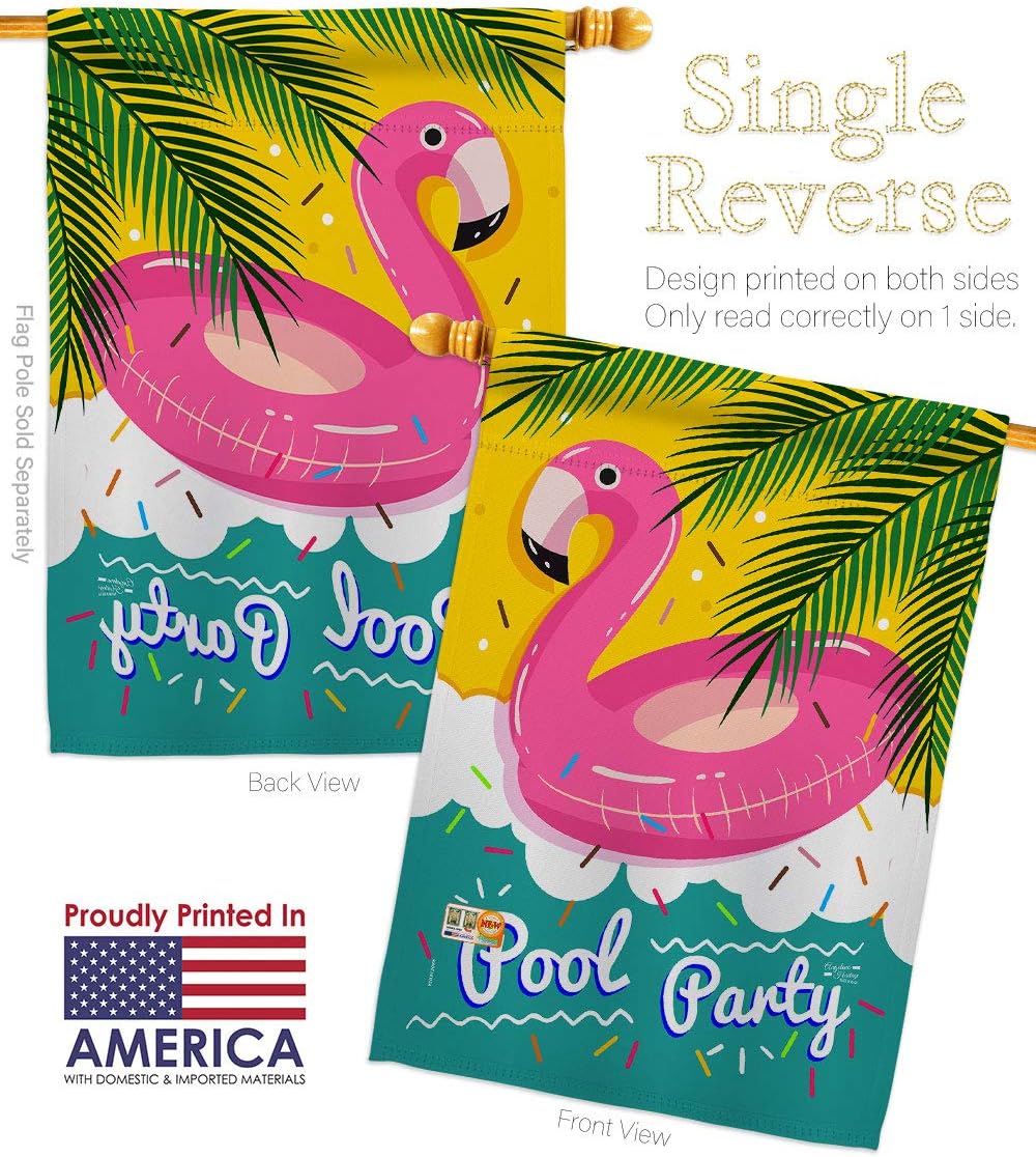 Summer Pool Party House Flag Dowel Set Summertime Fun and Sun Beach Luau Tropical Season Outdoor Sunny Small Decorative Gift Yard Banner Made In USA 28 X 40