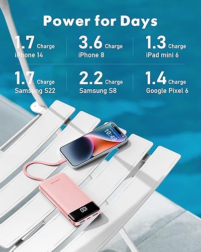 Miniatura 6 de Charmast Cargador portátil con cables incorporados, banco de energía con cables, batería delgada de viaje de 10000 mAh, 6 salidas 3 entradas 3 A