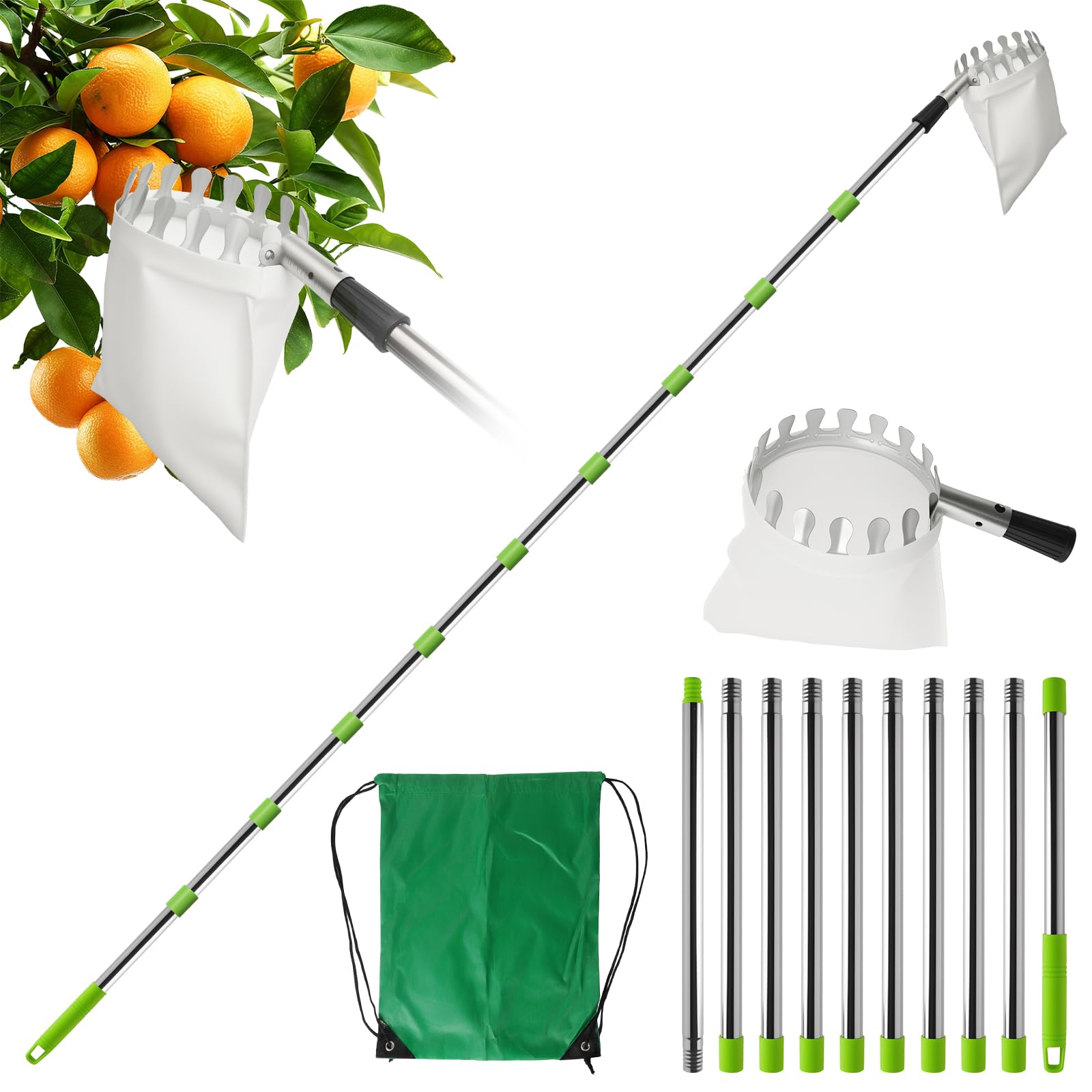 4.2M Raccogli Frutta Telescopico, Regolabile Raccogli Frutta con Palo in Acciaio Inox, Frutta Raccoglitrice Attrezzo Raccogli Frutta per Limoni Mele Pere Arance