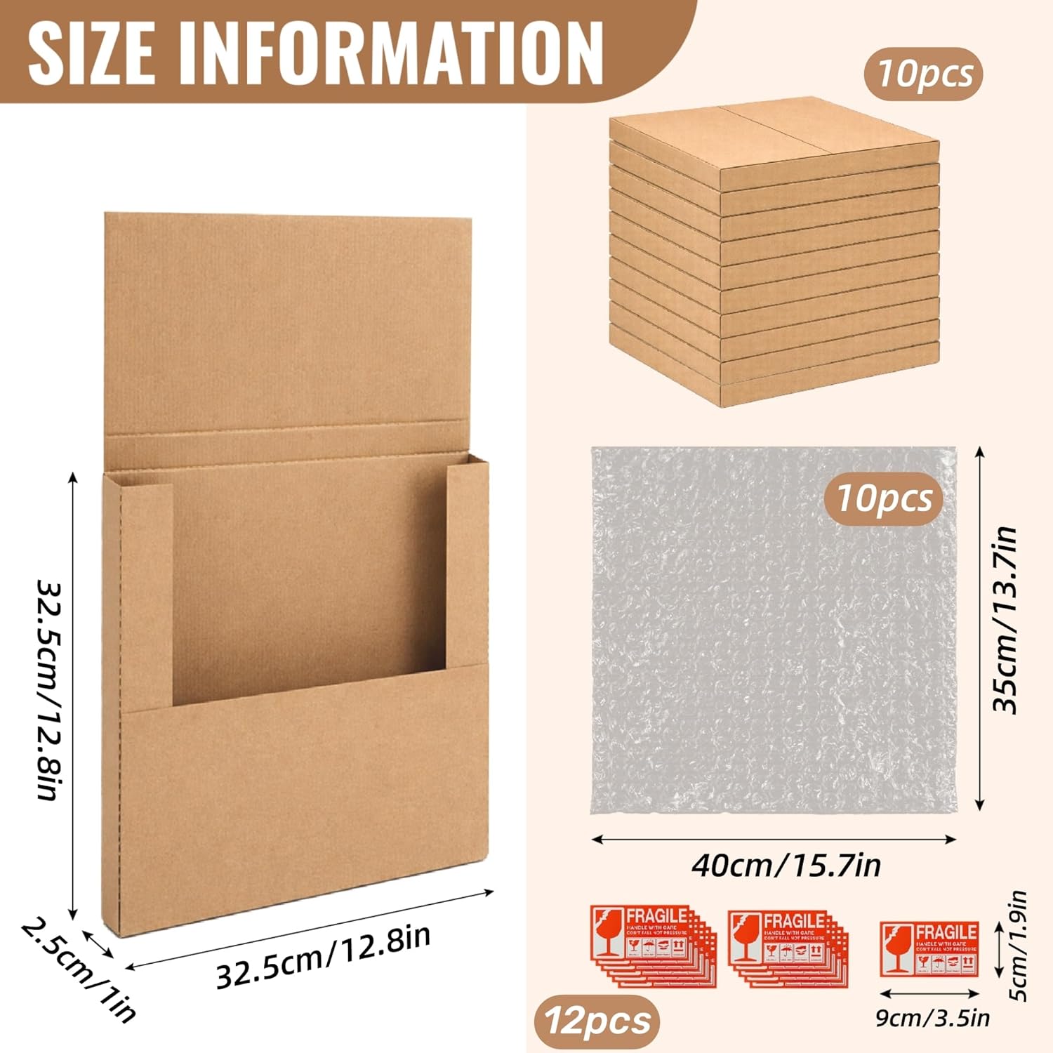 10 Pack Vinyl Record Mailers, LP Shipping Mailer Boxes, Vinyl Record Shipping Boxes, Heavy Duty Cardboard Mailer Box with Fragile Stickers for Mailing Packaging Moving Storage, 12.8 x 12.8 x 1"