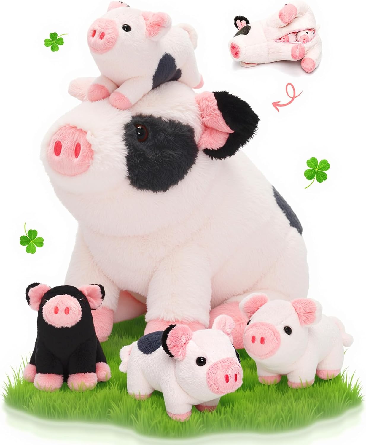 OUOZZZ 11" Pig Stuffed Animals with Babies Inside, 5-in-1 Plush Pig Toys with 4 Babies in Zippered Tummy, for Girls Boys Kids Toddler