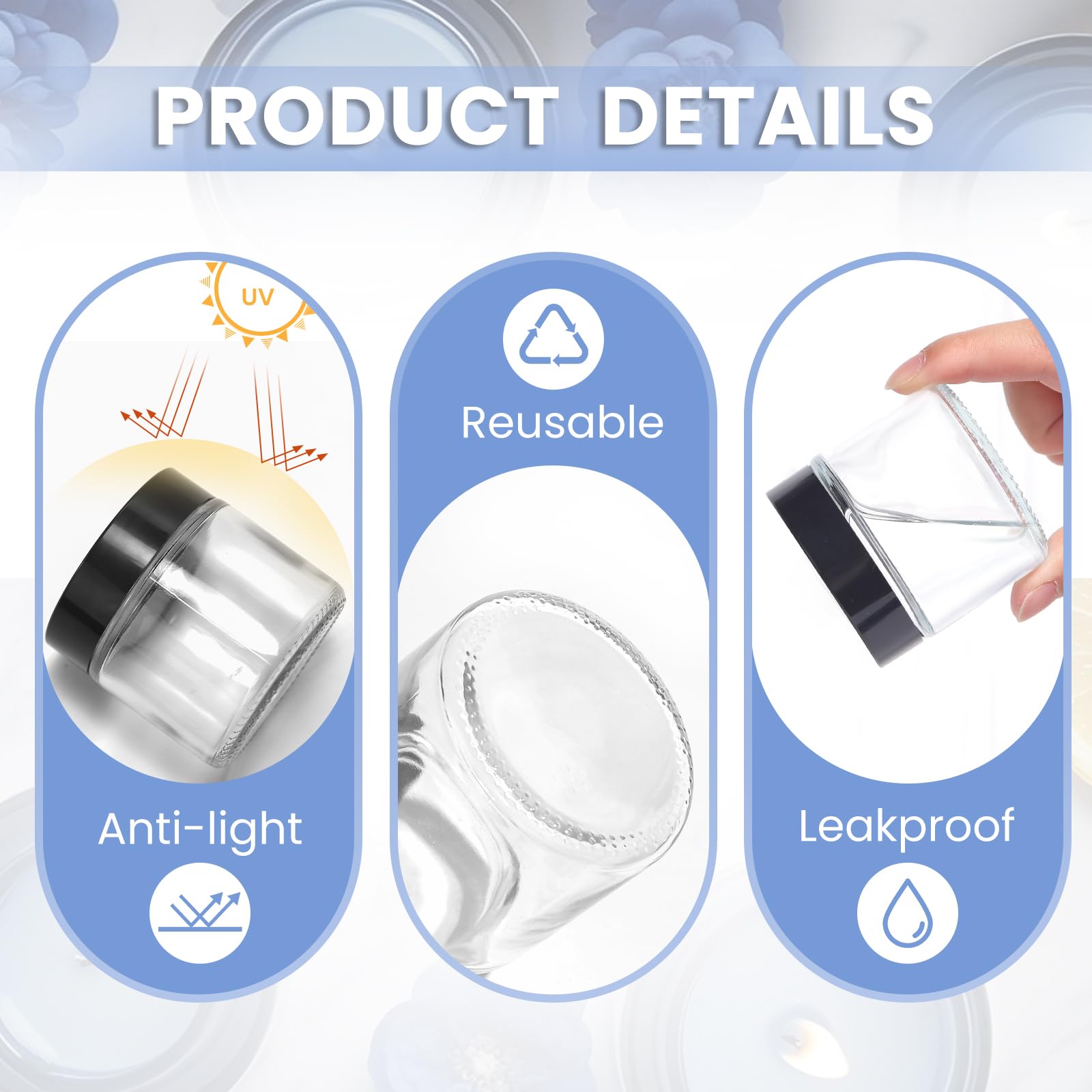 UPBUD Barattoli in vetro trasparente da 60 ml con coperchio, confezione da 24 contenitori per cosmetici a tenuta stagna, con rivestimento interno, bocca larga e liscia, sigillabili per creme, lozioni