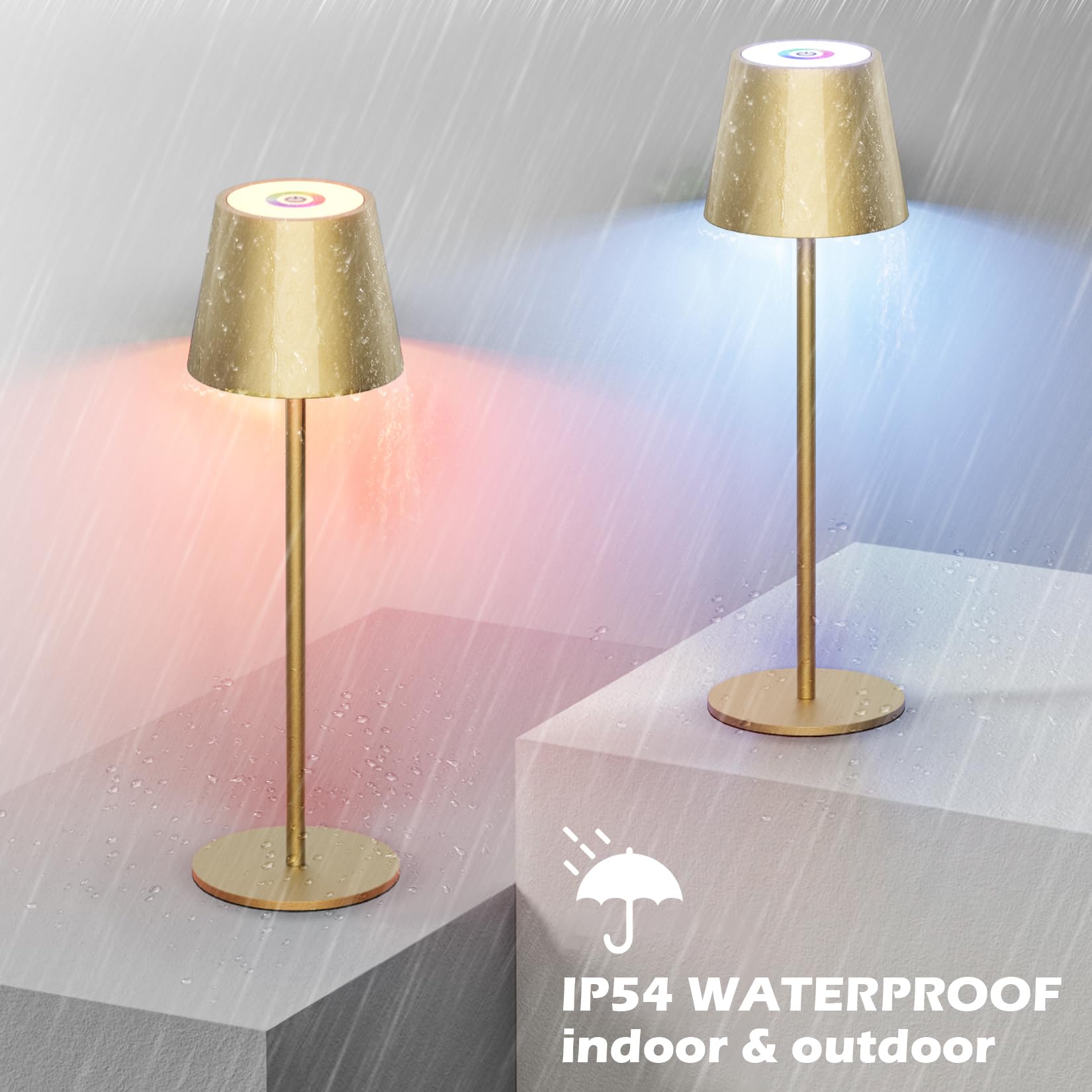 Aipsun 2 Stück Dimmbare LED akku Tischlampe Gold mit 5000mAh, Touch Dimmbar 8 Farben warme 3000K+ RGB tischleuchte kabellos, Aluminium, USB-C, IP54, für den Innen und Außenbereich