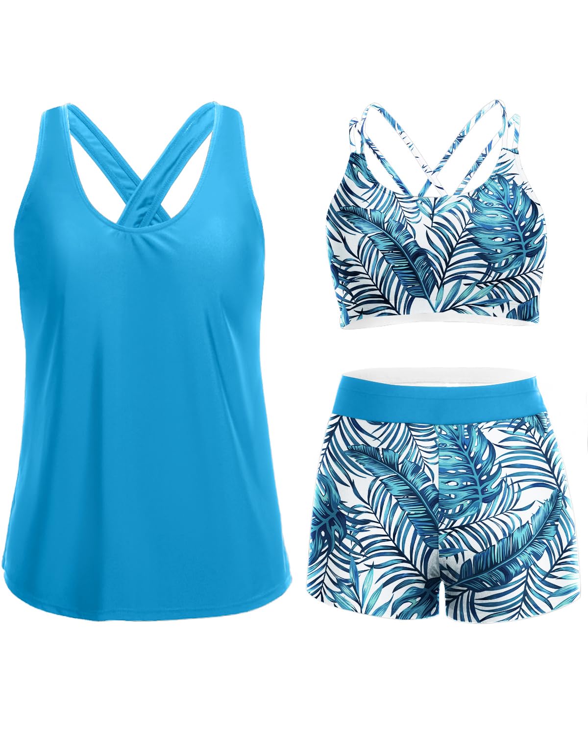 Holipick 3 Piece Tankini Swimsuits for Women Tummy Control Bathing Suits Swim Tank Top with Bra Boy Shorts Teen Swimwear