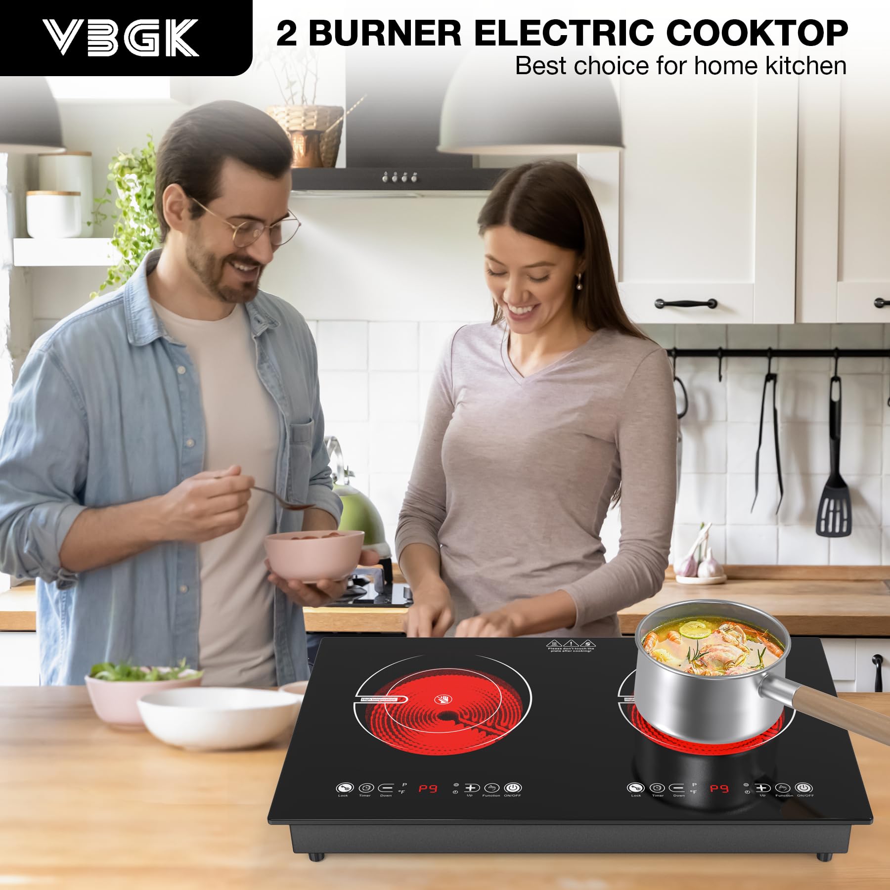 Cocina eléctrica de 2 quemadores, estufa eléctrica de 110 V 2400 W con control táctil, 9 niveles de calefacción, temporizador y seguridad para niños 8