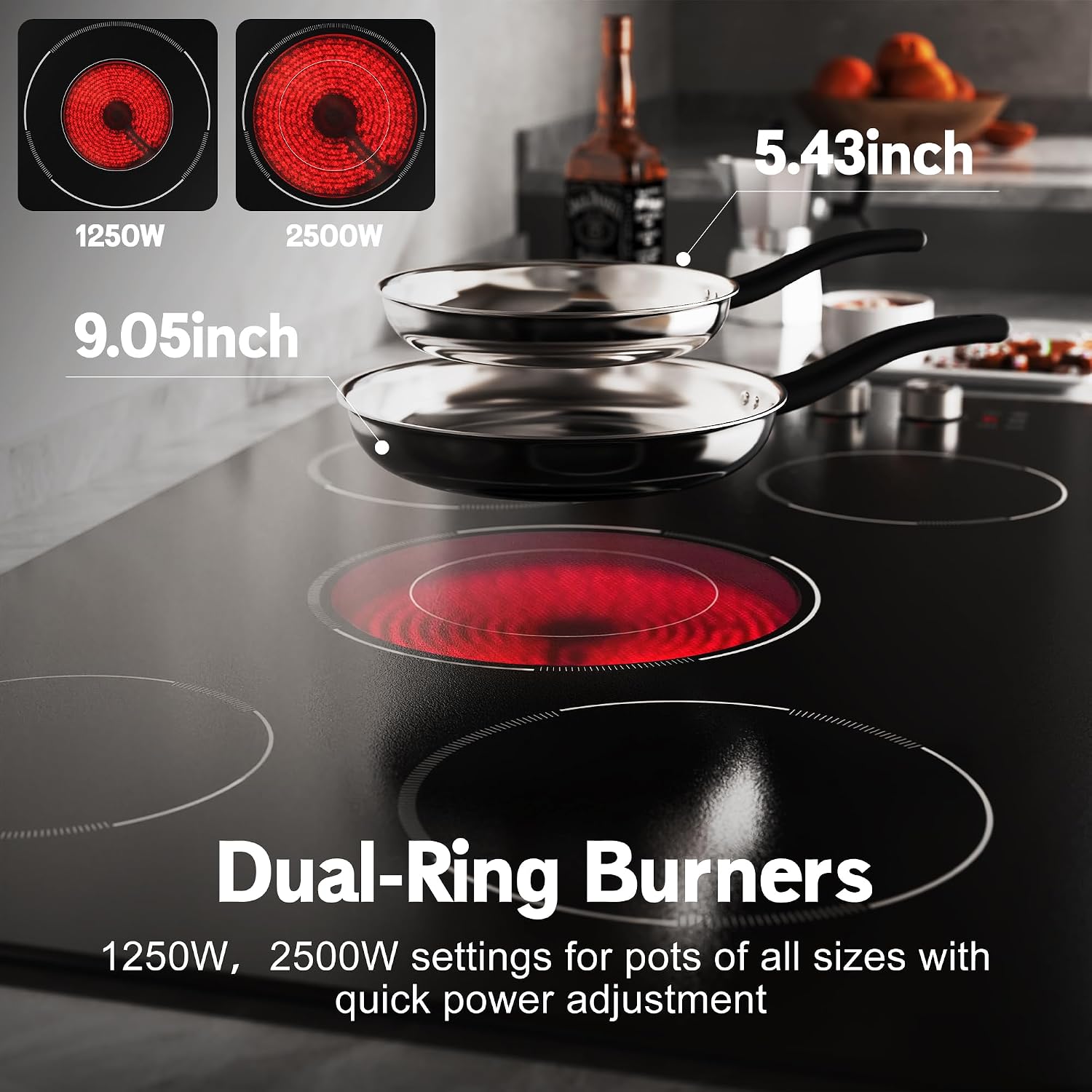 36 Inch Electric Cooktop, 5 burner 8900W,Double-ring Burner | Built-in Electric Stove Top, Cooktop 36" with Knob & Touch Control, 9 Power Levels, Timer, Safety Lock, 220V-240V Hard Wire