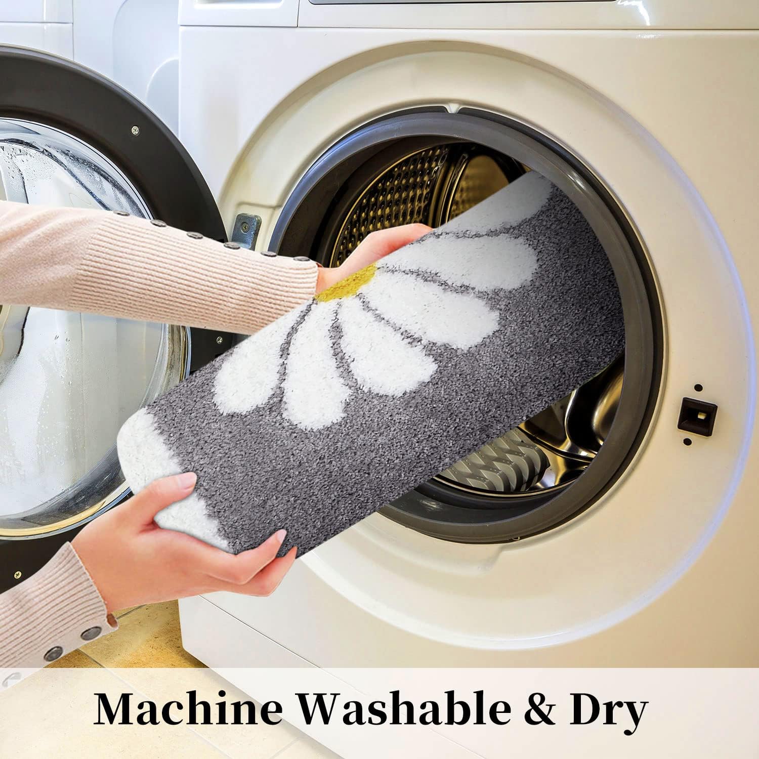 Hi Space Bathroom Rugs 31.5x19.7IN Grey Bath Mat for Bathroom Non Slip Machine Washable Soft Microfiber Absorbent Cute Daisy Floral Bath Rug Plush for Tub Shower Sink Fluffy Home Decor Accessories