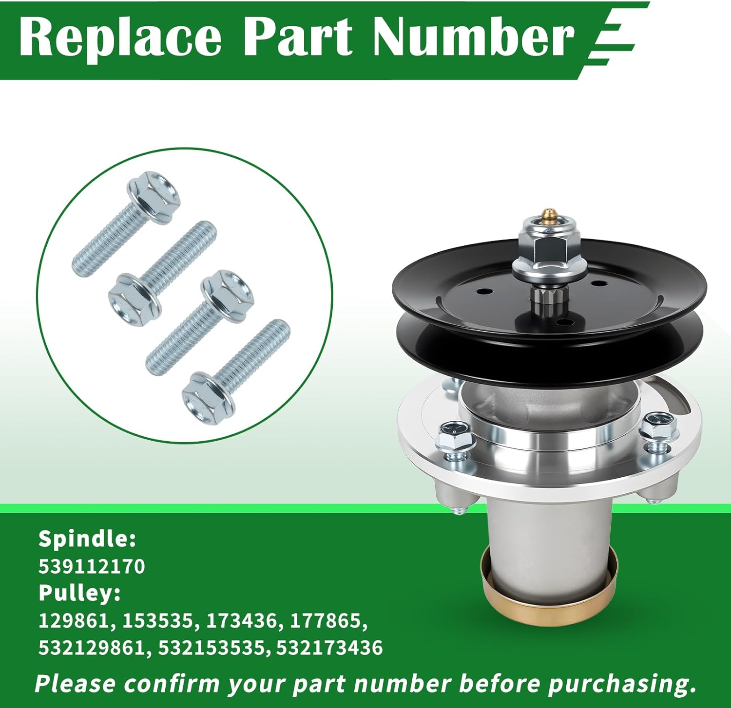 539112170 Spindle Assembly with 532173436 153535 Pulley for 48" 52" 61" Deck, Compatible with Hu-sqvarna EZ4824 EZ4824BF RZ4824 EZ5221 EZ5224 MZ52 MZ6128 Lawn Mower, 3 Pack
