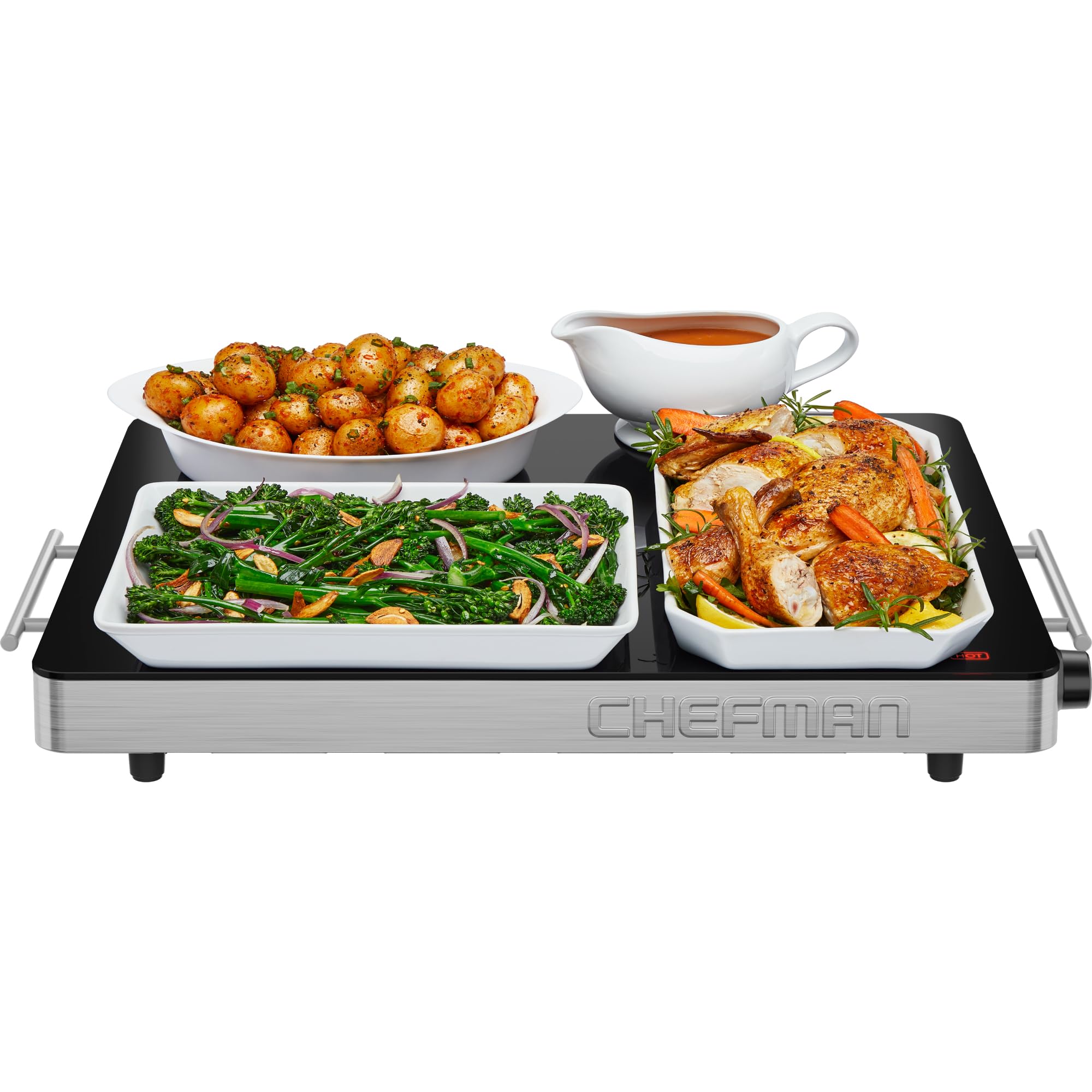 Chefman Electric Warming Tray with Adjustable Temperature Control, Perfect for Buffets, Restaurants, Parties, Events and Home Dinners, 53 x 41 cm Glass-Top Surface Keeps Food Hot β Stainless Steel