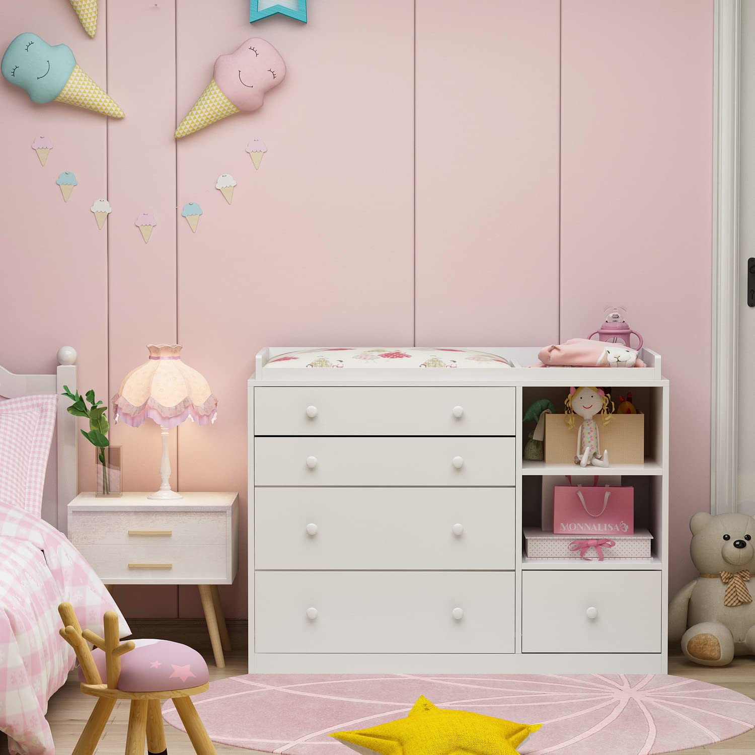 Wickeltisch, Wickelkommode, Wickelregal mit 5 Schubladen, Babykommode, Babypflege, Babymöbel, Wickeltische für Babyzimmer, Schlafzimmer, weiß, MDF