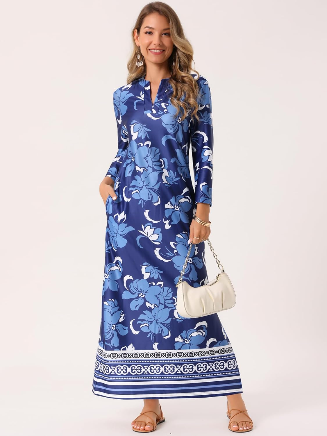 Seta T Women's Boho Long Dresses V Neck 3/4 Sleeve Side Slit Floral Flowy Beach Maxi Dress with Pockets - Image 4