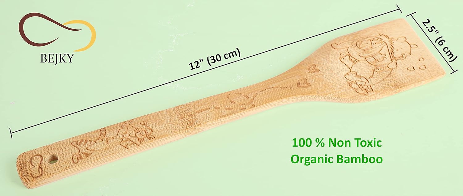Bejky 6-Pcs Wooden Bamboo Spoons Set - Organic Food Cooking Utensils - Kitchen Accessories and Home Decor - Cookware Gifts for Women - Easy Wash Spatulas - 3D Engraved Patterns (Winnie the Bear)