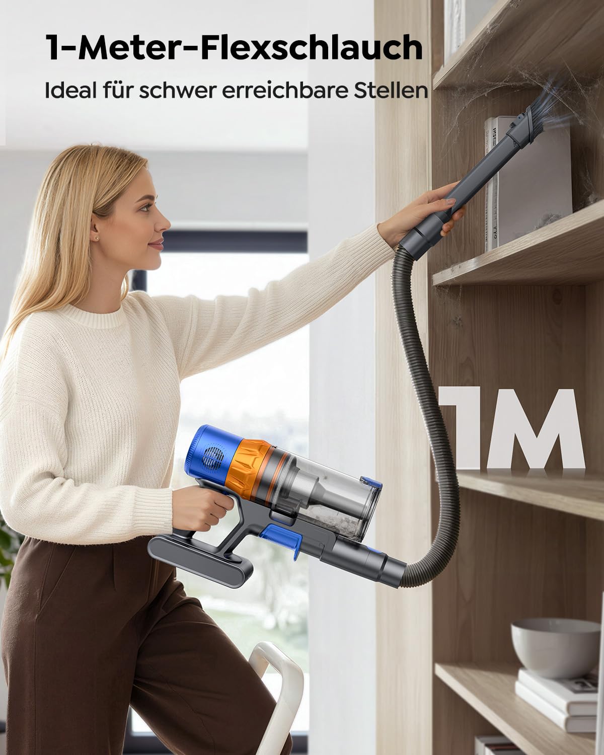 SunSare Akku Staubsauger Kabellos 600W/50000Pa/65Min, Akkustaubsauger mit 1M Schlauch, Aromafunktion, Flexibles Biegegelenk, Wandladehalterung, Automatikmodus für Hartböden Teppiche Tierhaare