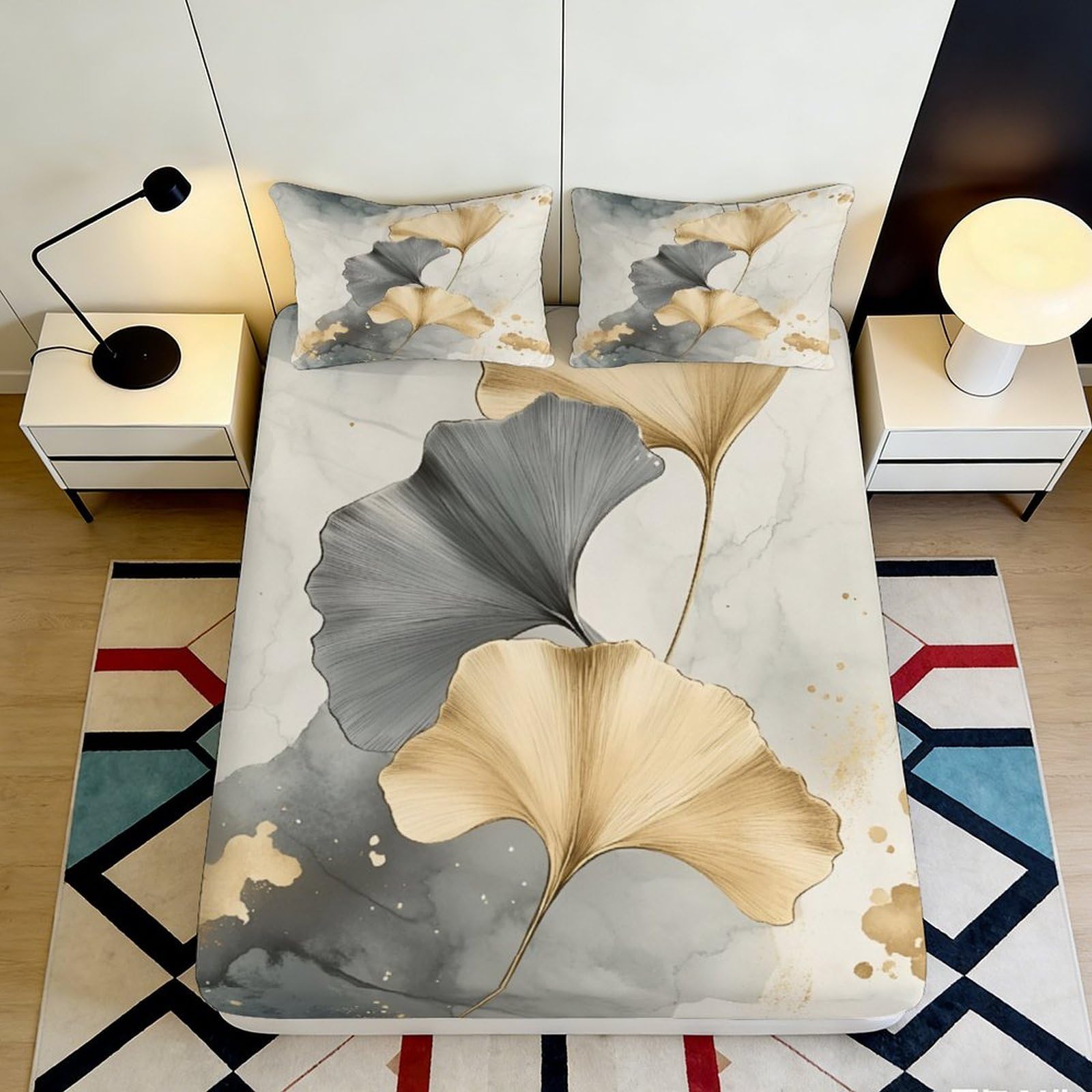 3D Printed Ginkgo Leaf Fitted Sheet Microfiber Soft Breathable Abstract Art Mattress Cover for Bedroom Dorm Decor 160x200x25cm