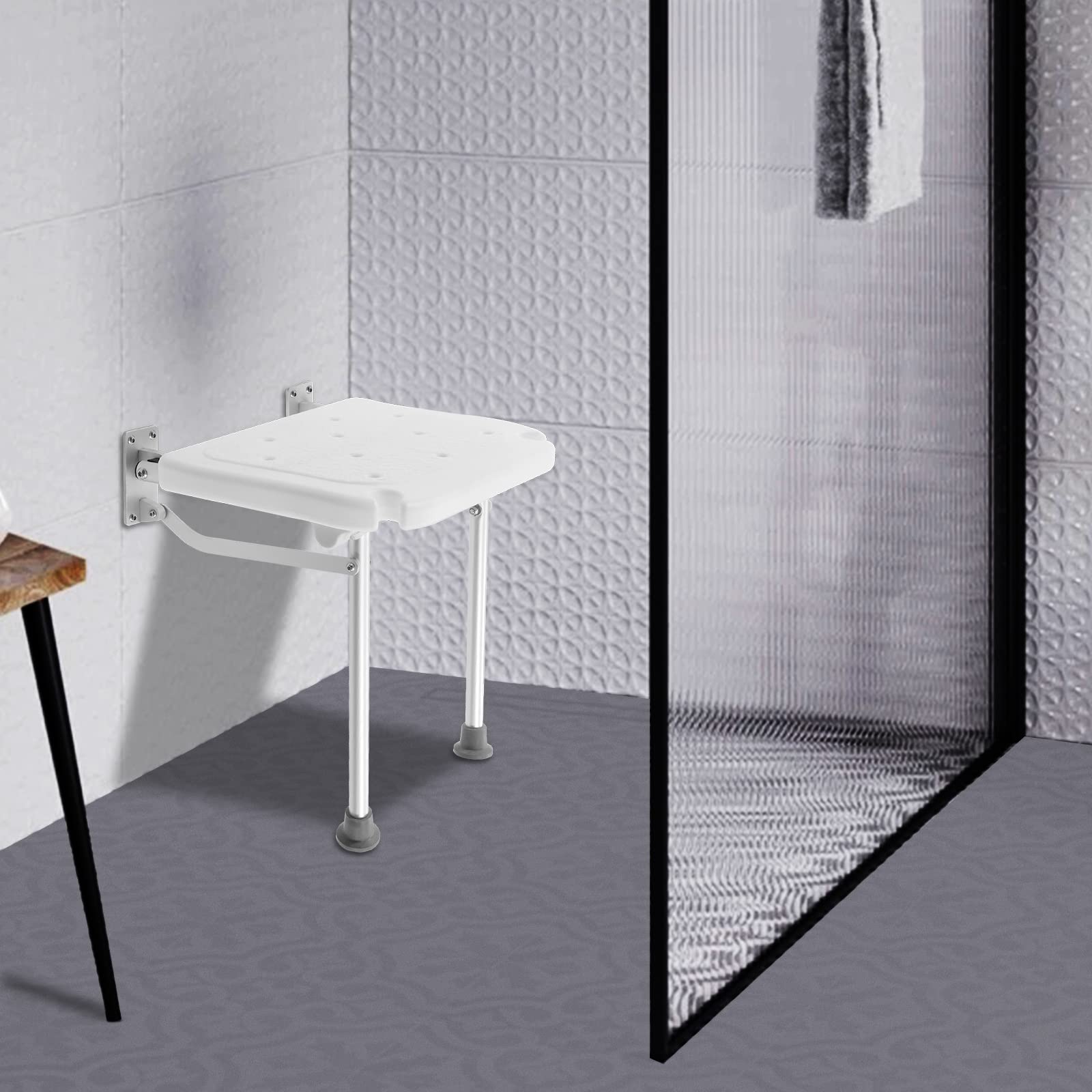 Asiento de ducha plegable para montaje en pared, asiento de ducha plegable, carga máxima de 100 kg, silla de ducha con pies de apoyo para personas mayores, mujeres embarazadas, discapacitadas
