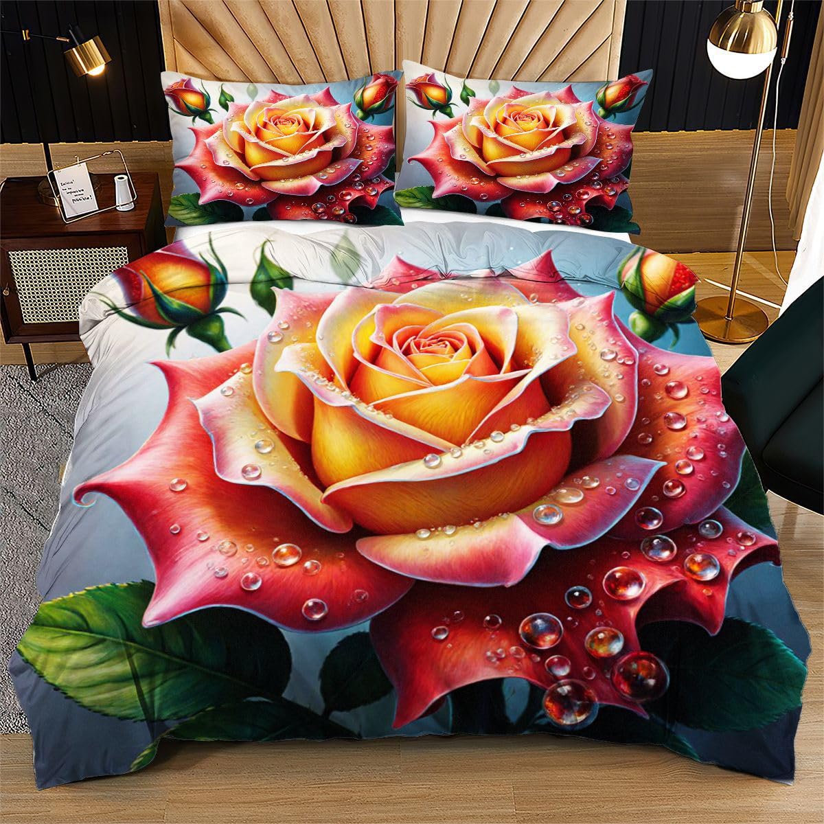 Housse de couette 160x200 fleurs rouges fini la couette qui glisse avec les attaches de coin