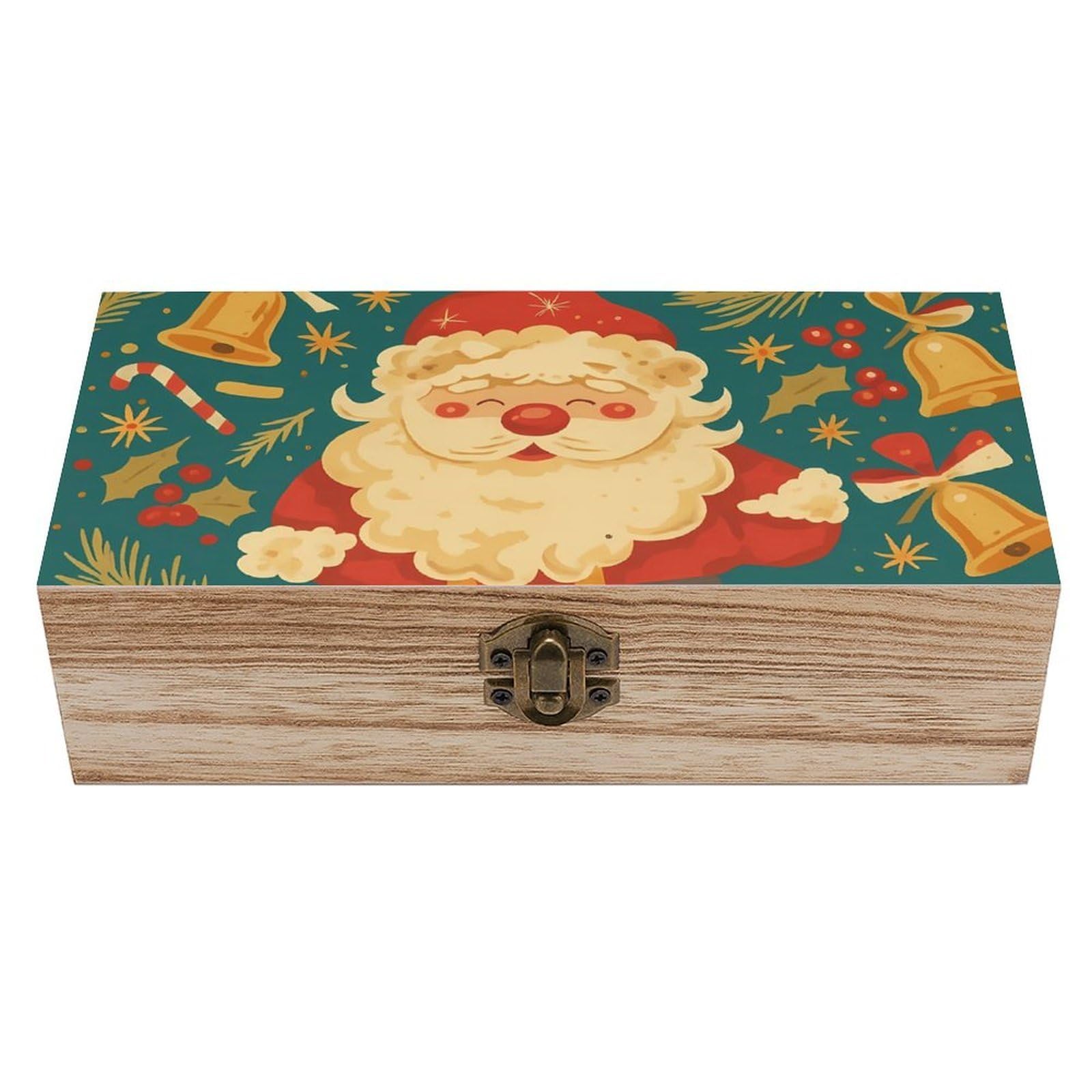 Oudrspo Smiling Christmas Danta Claus & Holly Berries Retro Wooden Storage Box Keepsake Jewelry Decorative Art Storages Box Gift Boxs