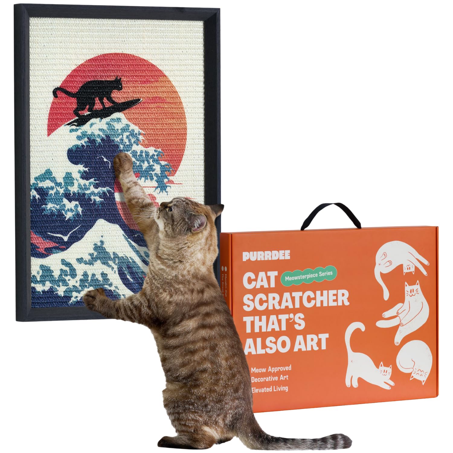 Tiragraffi decorativo da parete per gatti per graffi verticali, 35,6 x 50,8 cm, in sisal con cornice, senza trapano, resistente alternativa al cartone (The Cat Wave)