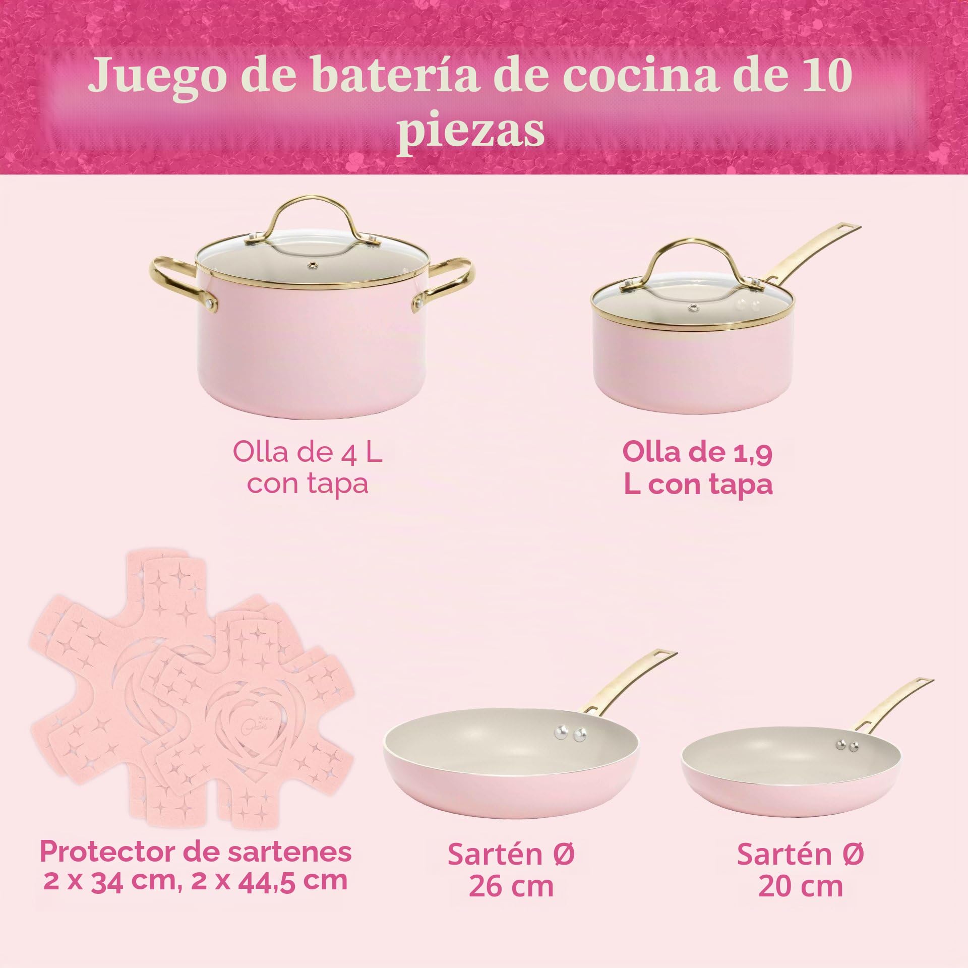 FACKELMANN Paris Hilton – Batería de cocina de 10 piezas – Aluminio y cerámica antiadherente, apta para inducción, apto para lavavajillas, color rosa, crema y dorado