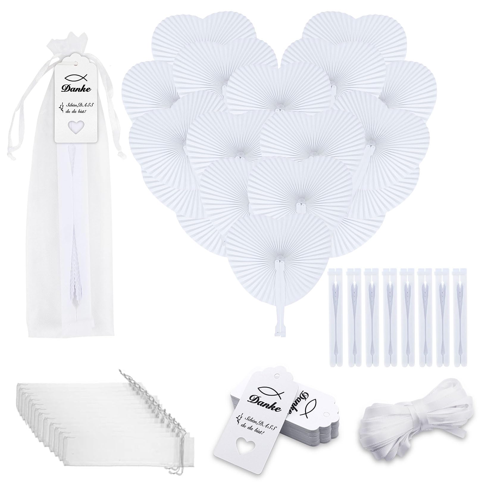 Idota 36 abanicos para boda, en forma de corazón, color blanco, plegables, para manualidades, decoración, para bodas, invitados con etiquetas, lazos, bolsas de organza, regalos para bodas, fiestas,