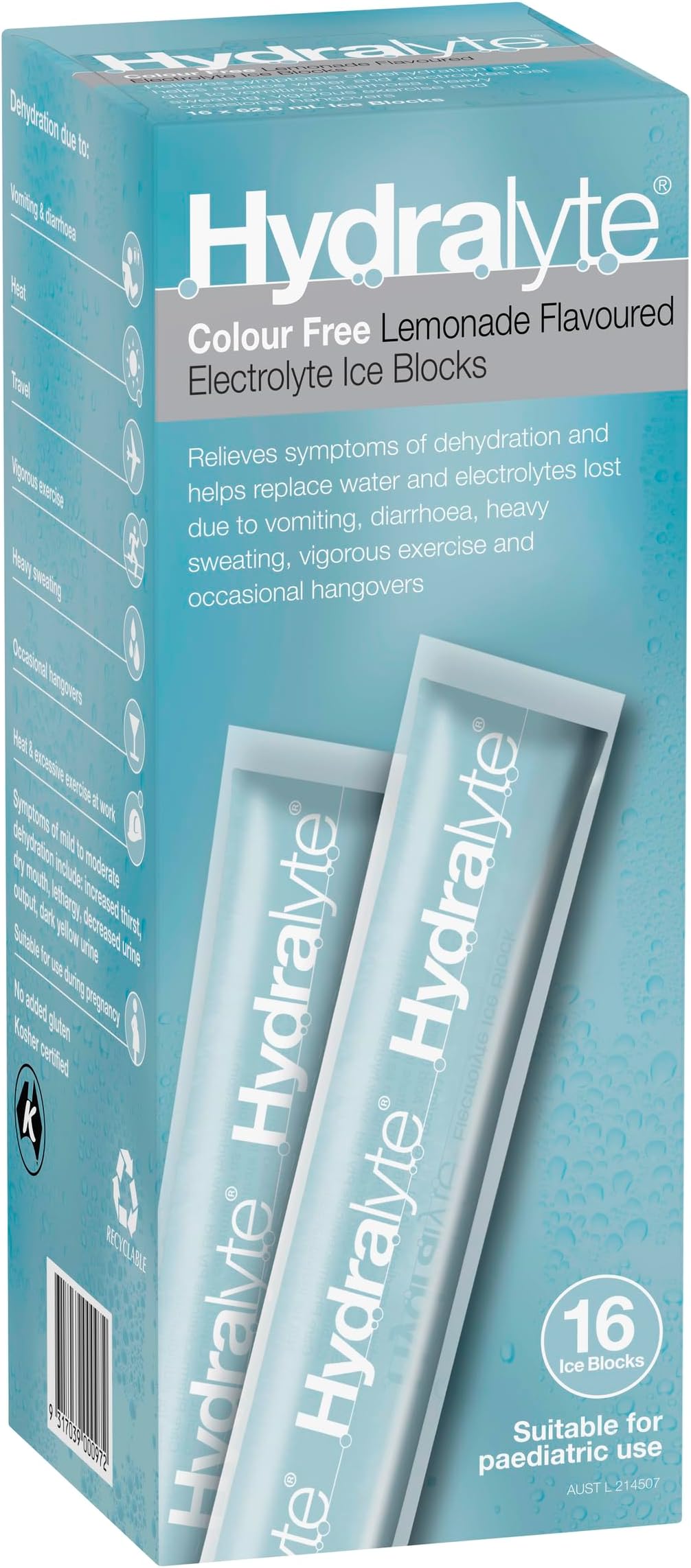 Hydralyte Electrolyte Ice Blocks Colour Free Lemonade Flavoured 16 Packs