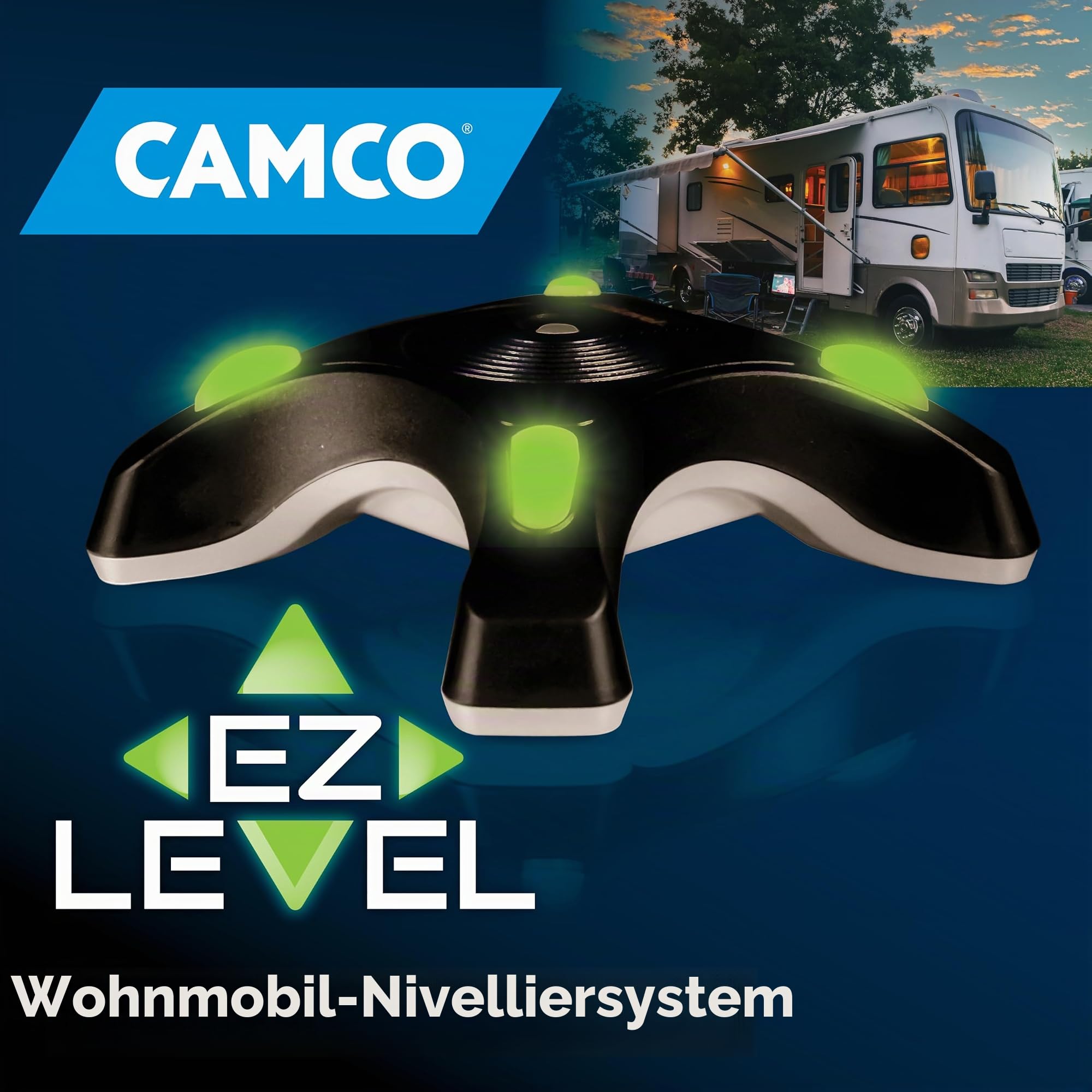 Camco EZ-Wasserwaage für Camper/Wohnmobil, mit beleuchteten Kontrollleuchten und automatischer Abschaltfunktion, wenn Nicht in Gebrauch, inkl. vorinstalliertem An-/Ausschalter (25505)
