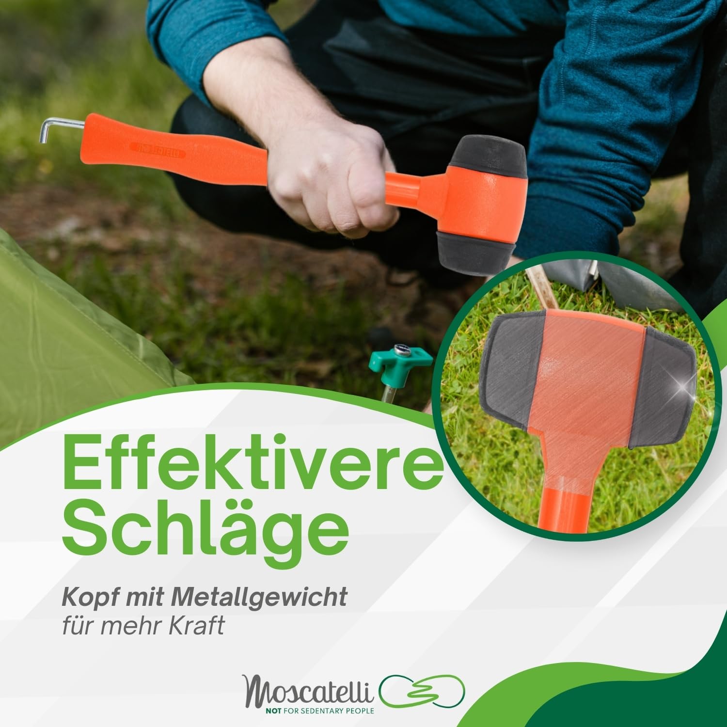 MOSCATELLI Vielseitiger, robuster und ergonomischer Campinghammer mit Haken zum Entfernen von Heringen - Orange