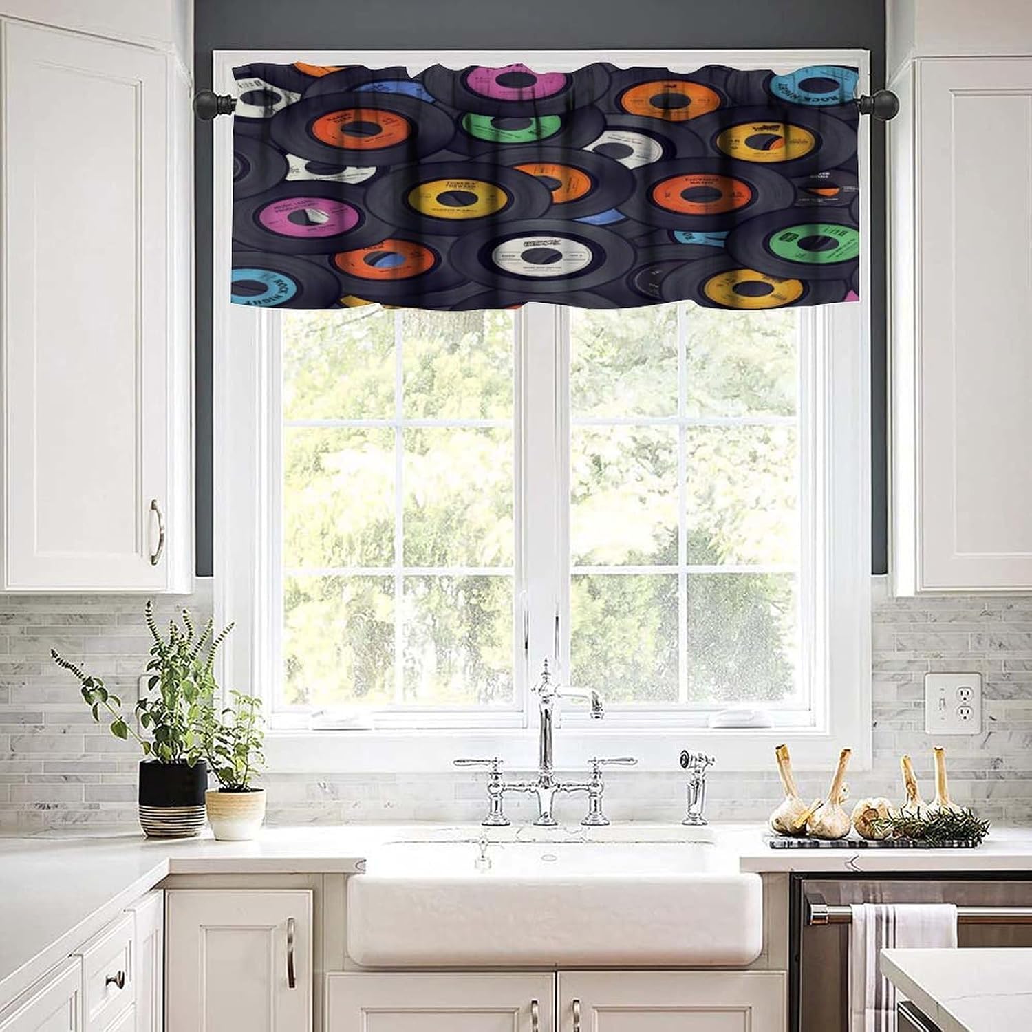 Retro Music Records Valance Curtain 1950s Rock Roll Musical Music Theme Rod Pocket Valance Window Treatments Short Curtains for Kitchen Bathroom Farmhouse Bedroom Living Room 54x18inch