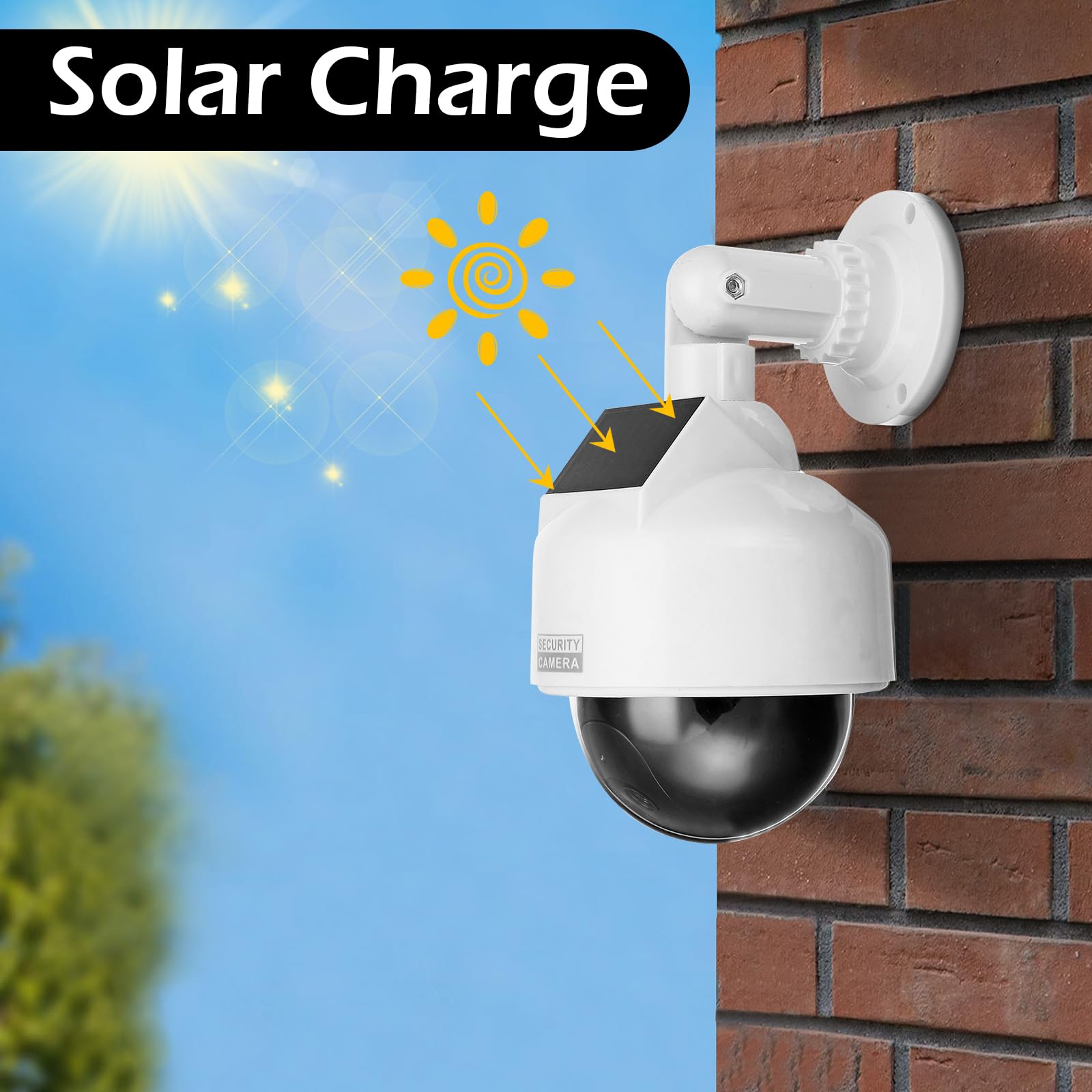 Finta telecamera di sorveglianza a energia solare con LED rosso lampeggiante, impermeabile per interni ed esterni