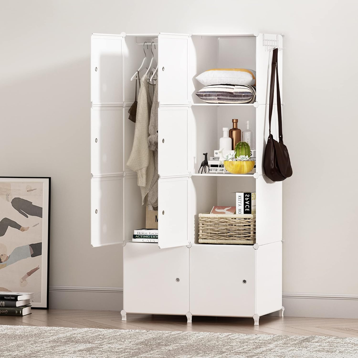 JOISCOPE Portable Wardrobe for Hanging Clothes, Combination Armoire, Modular Cabinet for Space Saving, Ideal Storage Organizer Cube for Books, Toys, Towels(8-Cube)