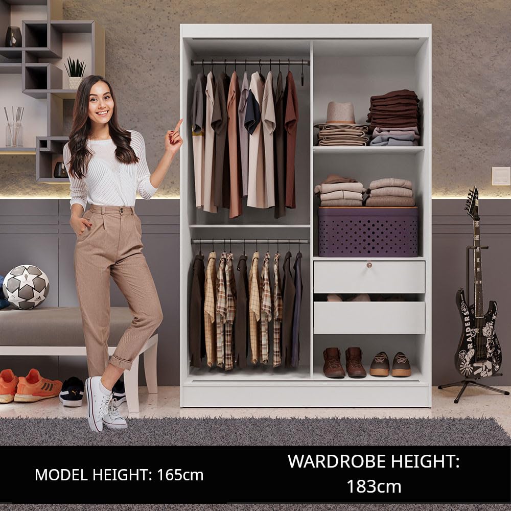 Madesa Luke Wardrobe with a person for scale, showing internal storage.