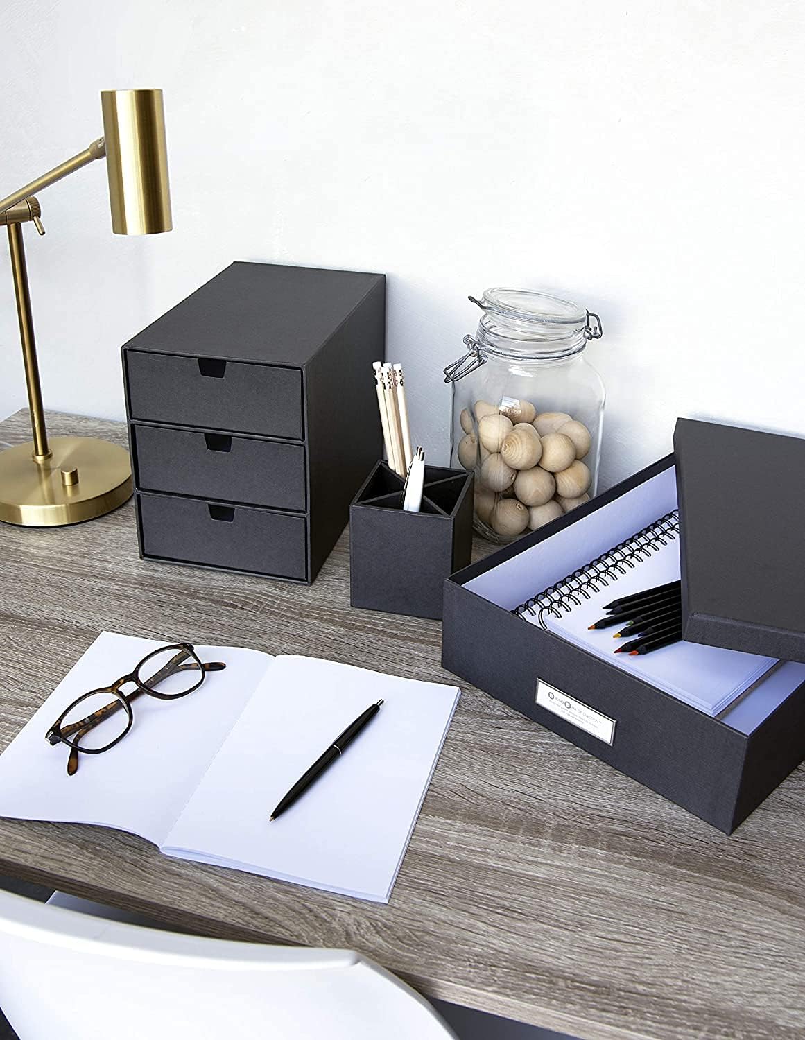 Bigso Ingrid 3-Drawer Fiberboard Desk Organizer for Office Supplies and Accessories - Stackable Makeup Drawer Organizer - 6.3in x 9.9in x 8.1in - Dark Grey